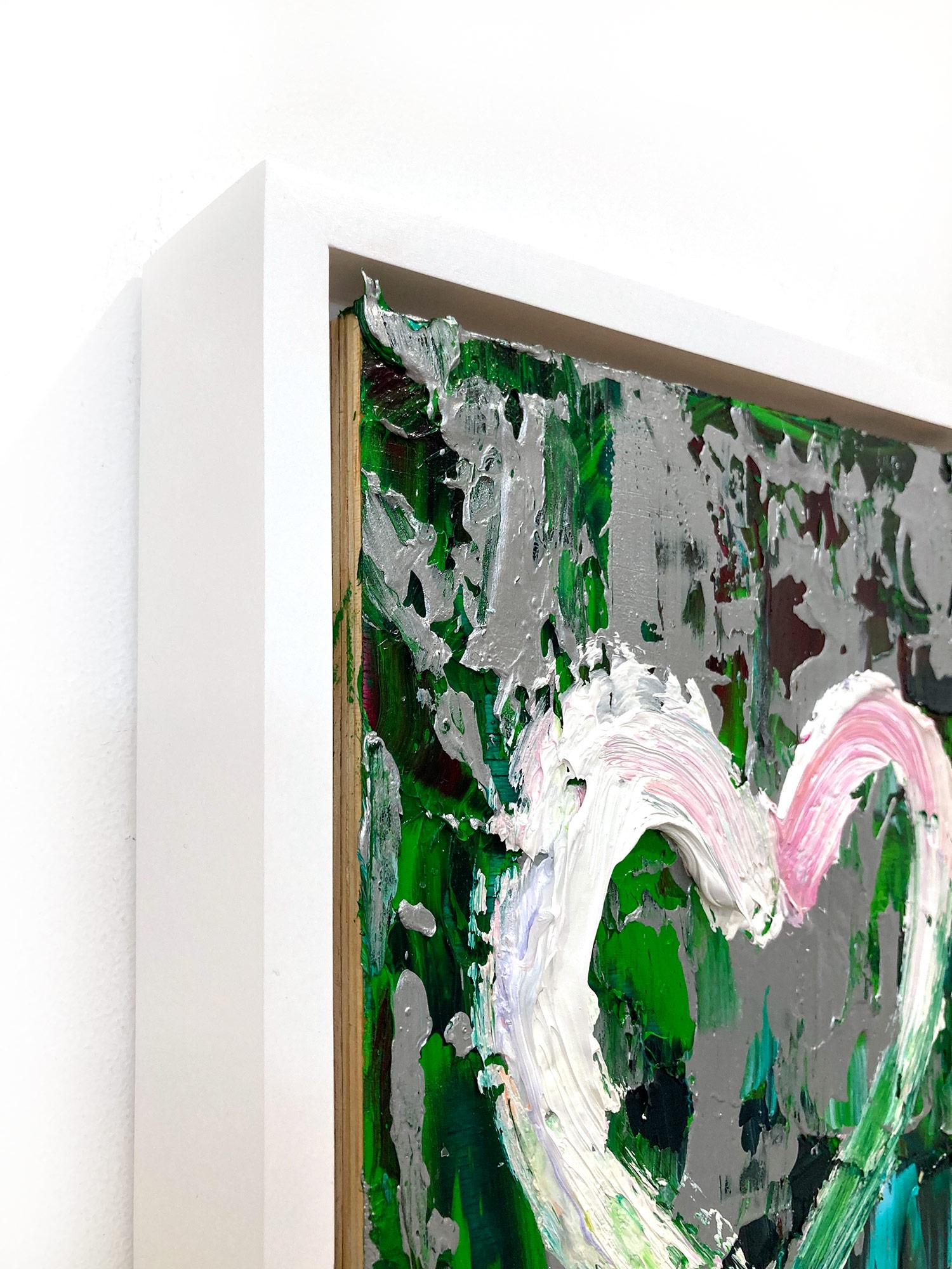 « My Wild at Heart », peinture à l'huile pop art verte et argentée avec cadre flottant blanc en vente 5