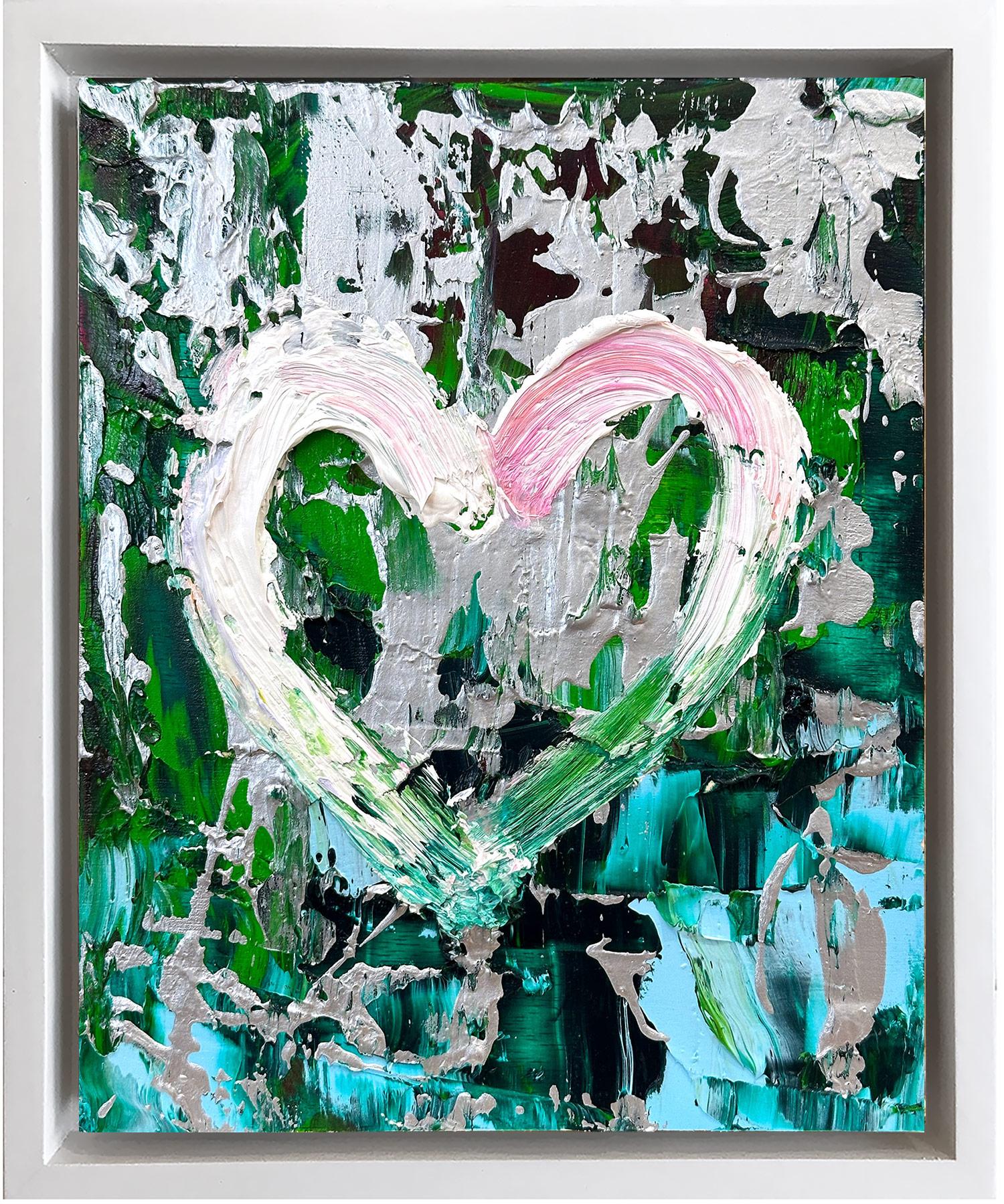 Cindy Shaoul Abstract Painting - "My Wild at Heart" Green & Silver Pop Art Oil Painting with White Floater Frame