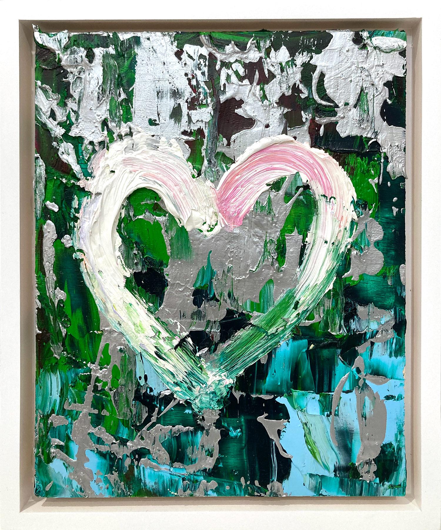 Figurative Painting Cindy Shaoul - « My Wild at Heart », peinture à l'huile pop art verte et argentée avec cadre flottant blanc