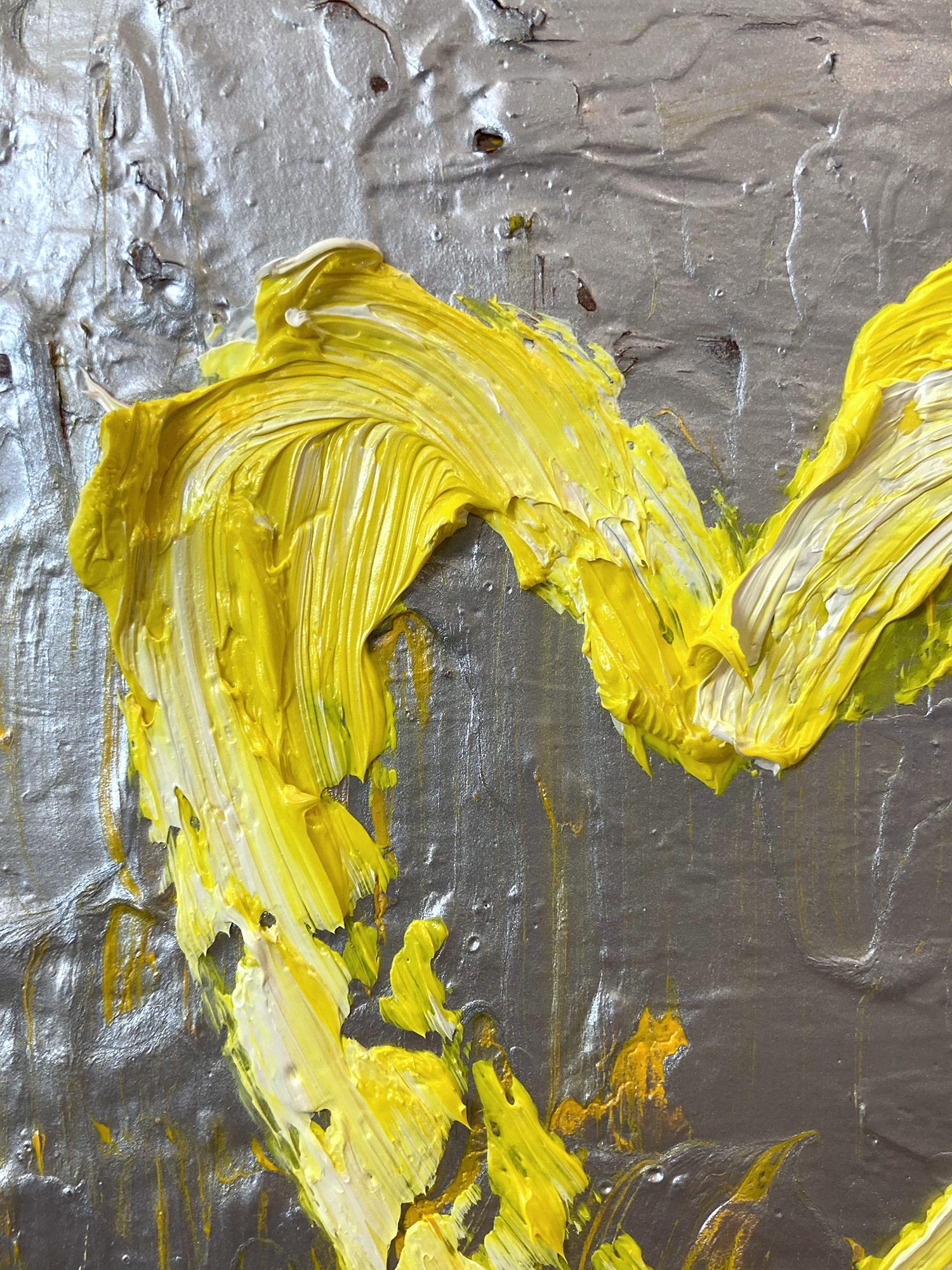 „My YSL Heart“ Gelbes & silbernes Pop-Art-Ölgemälde mit weißem Floater-Rahmen (Zeitgenössisch), Painting, von Cindy Shaoul
