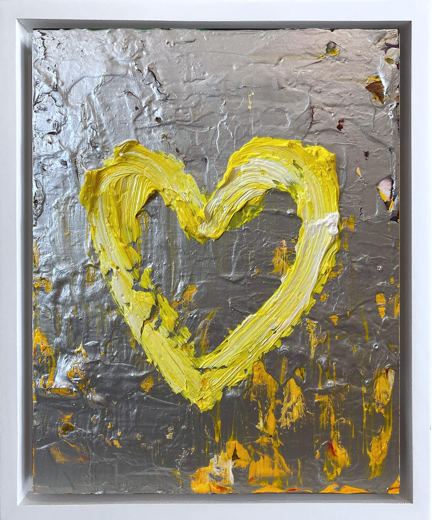 "Il mio cuore YSL" Pittura ad olio pop art gialla e argento con cornice bianca fluttuante