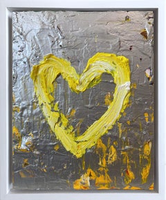 "Il mio cuore YSL" Pittura ad olio pop art gialla e argento con cornice bianca fluttuante