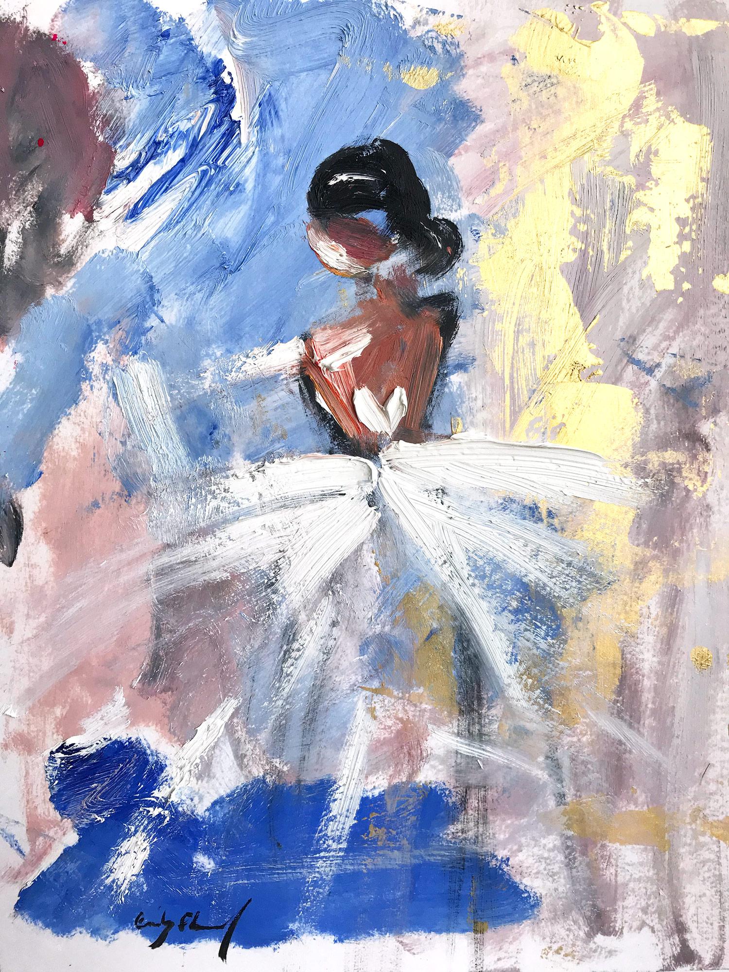 Abstrakte Figur mit Kleid, Haute Couture, Ölgemälde auf Papier, „Nights at the Met“