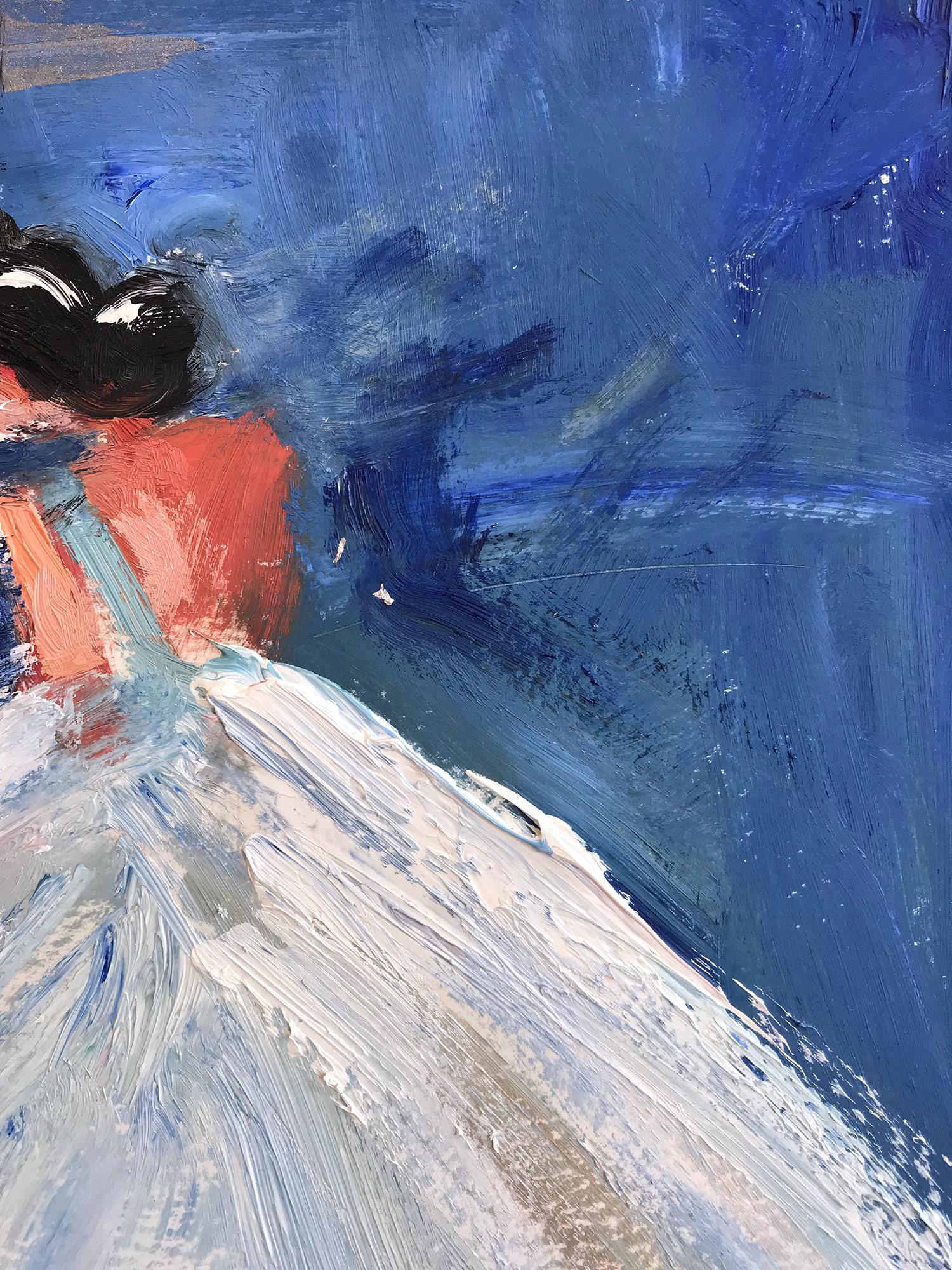 An abstract, whimsical and bold depiction of a woman standing gracefully in a white gown against a navy blue and silver background with delicate details. This piece captures the essence of fashion in Pairs. Done in a very modern and impressionistic