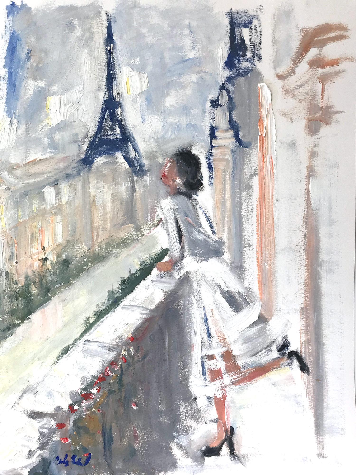 Cindy Shaoul Figurative Painting - "Nora in Paris" Oil Painting on Paper Figure Haute Couture by Eiffel Tower 