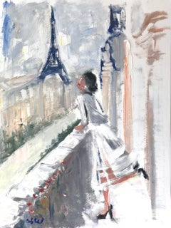 "Nora in Paris" Oil Painting on Paper Figure Haute Couture by Eiffel Tower
