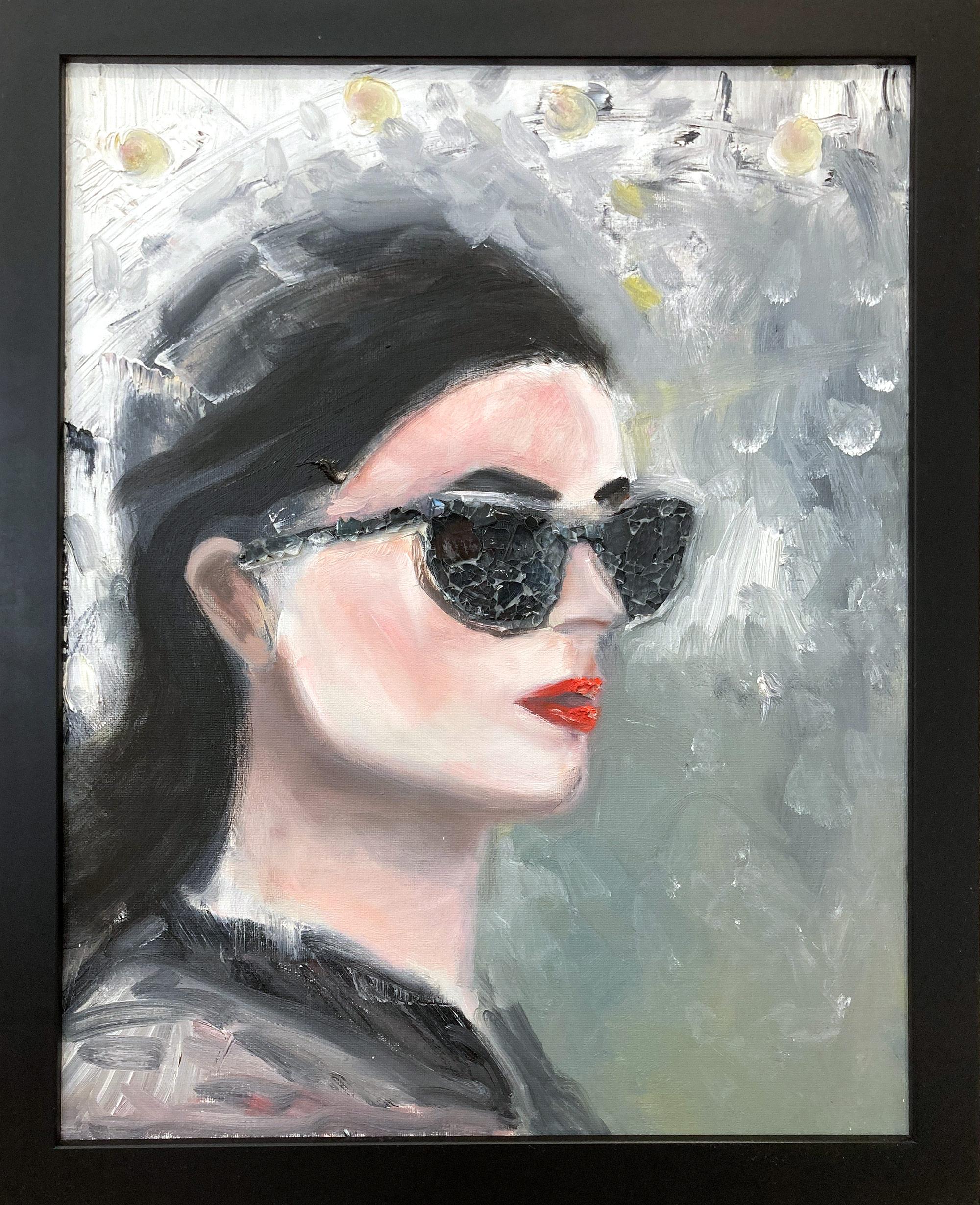 Cindy Shaoul Portrait Painting - "NYC Gal" Woman in Dolce & Gabbana Haute Couture Sunglasses Pop Art Oil Painting