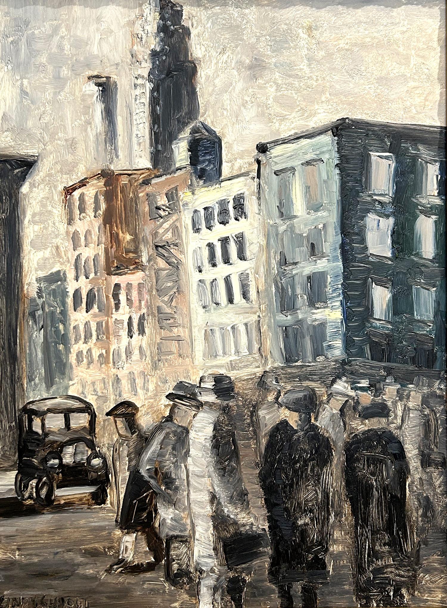 This painting depicts an impressionistic scene of figures filling up the NYC streets below the Empire State. The thick brush strokes and fun marks creates an atmosphere reminiscent of the Ashcan School from the 20th Century. We can feel the moment