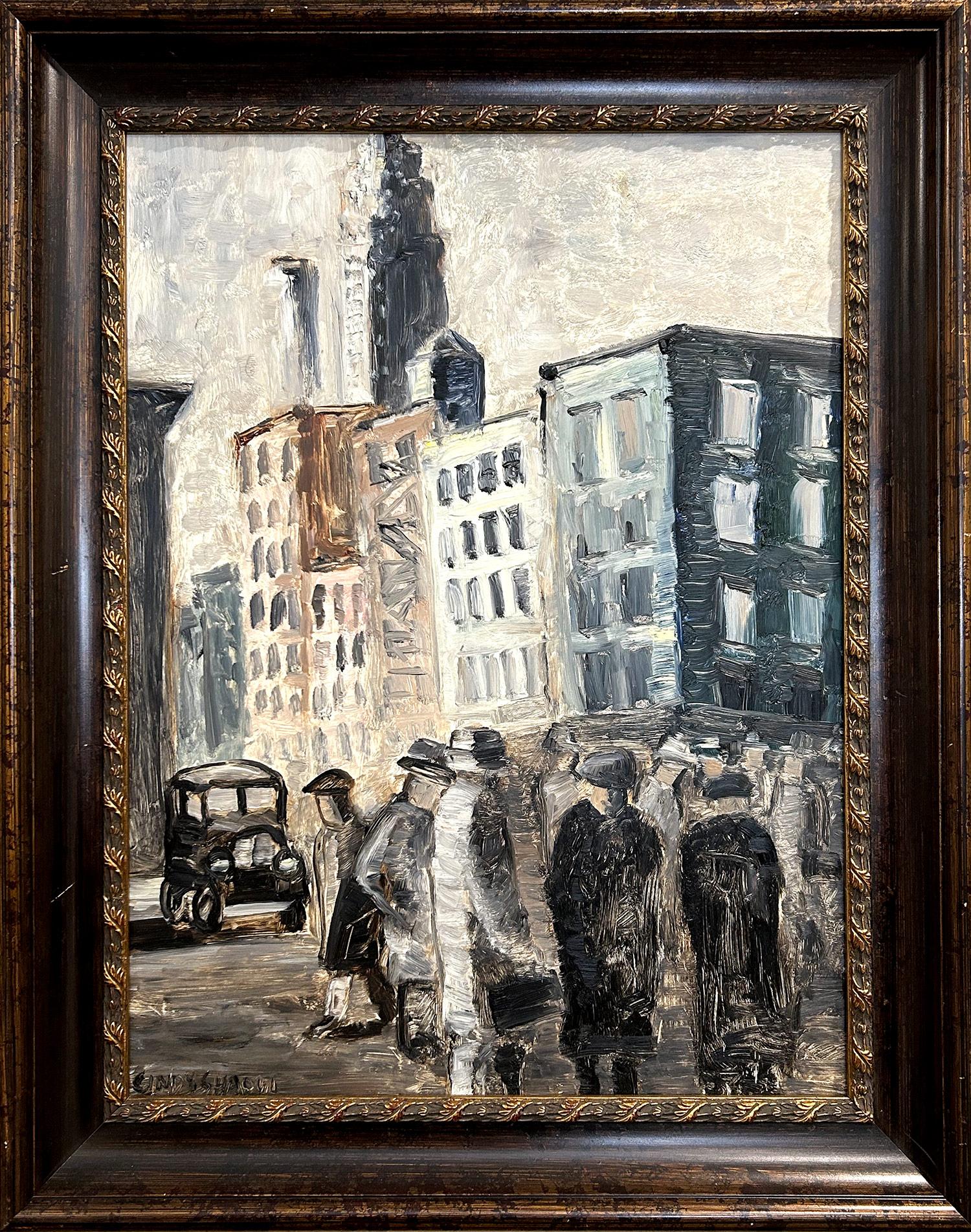 Cindy Shaoul Figurative Painting - "NYC in 20th Century" Figures in New York City Ashcan School Style Painting