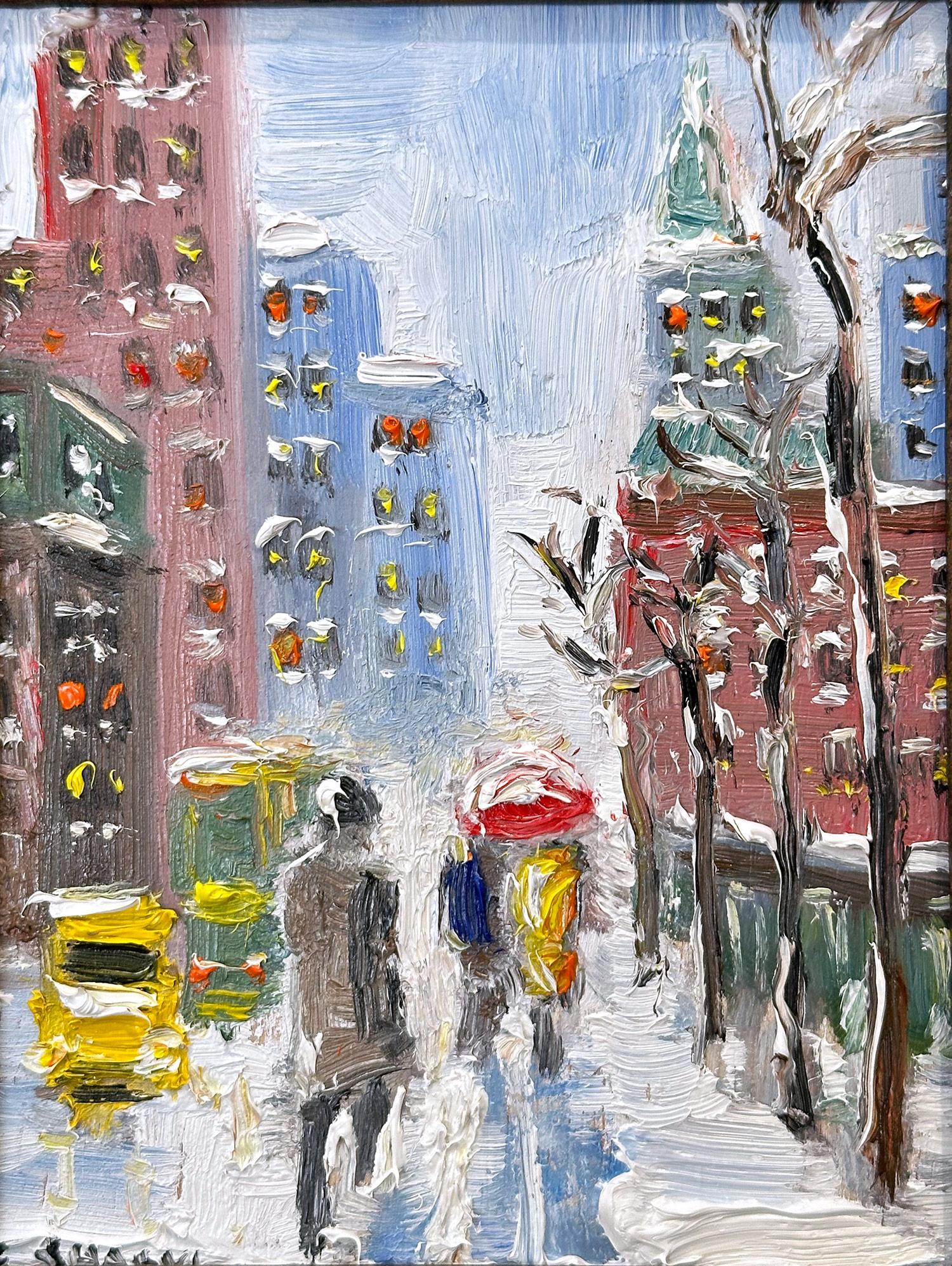 A charming depiction of Snow in Downtown New York City with figures walking and taxis in the distance. A cozy impressionistic street scene with colors of cobalts, light pink, whites, and burnt sienna's. An iconic street scene with beautiful
