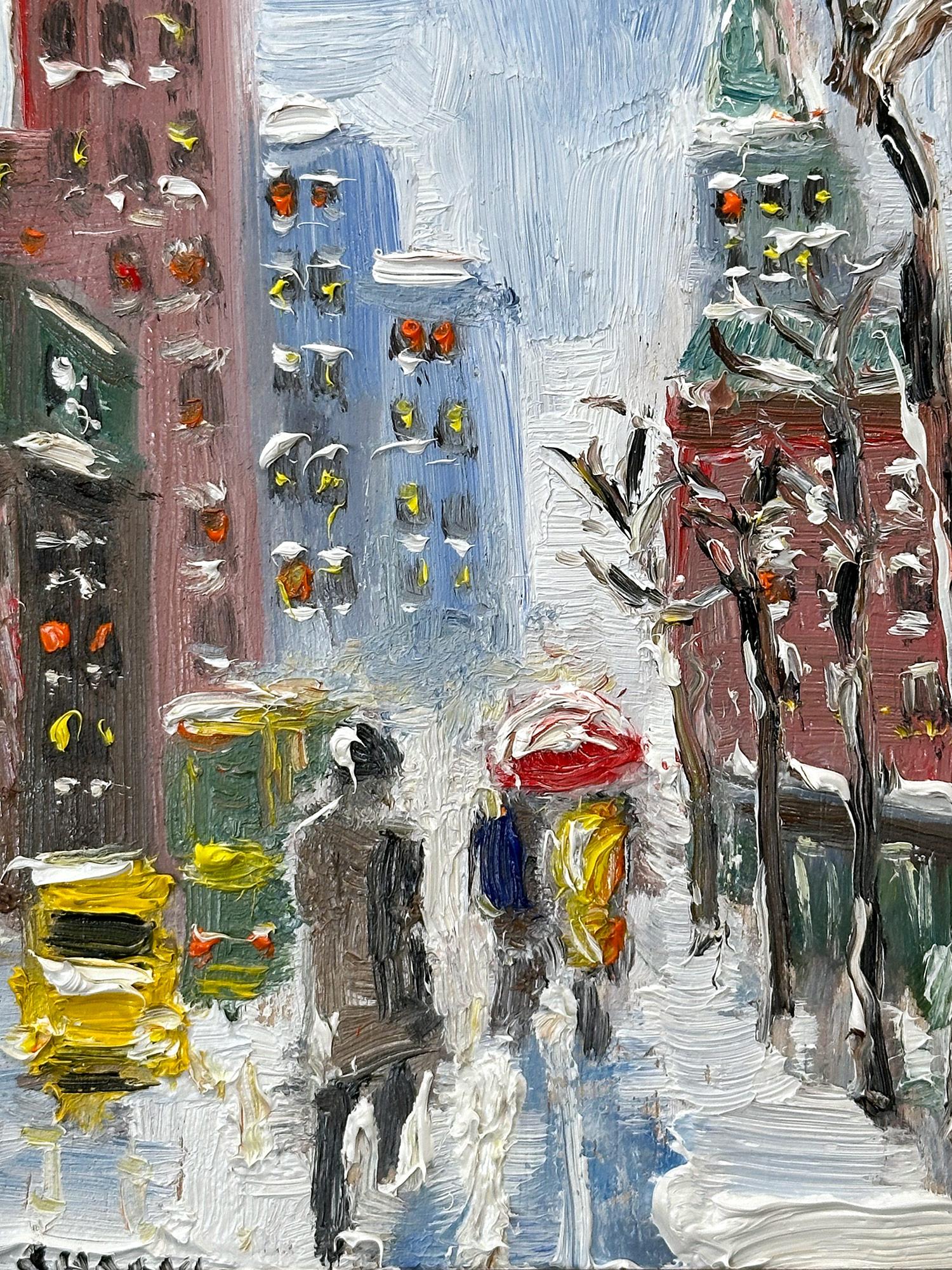 Peinture à l'huile impressionniste de New York dans le style de la scène de neige de Guy Wiggins - Impressionnisme américain Painting par Cindy Shaoul