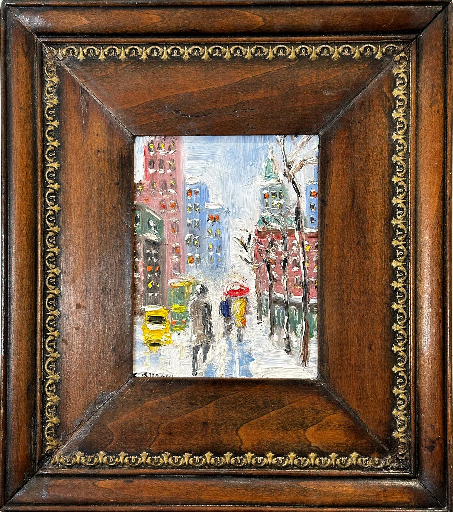 Cindy Shaoul Figurative Painting - "NYC in Snow" NYC Impressionist Oil Painting in Style of Guy Wiggins Snow Scene