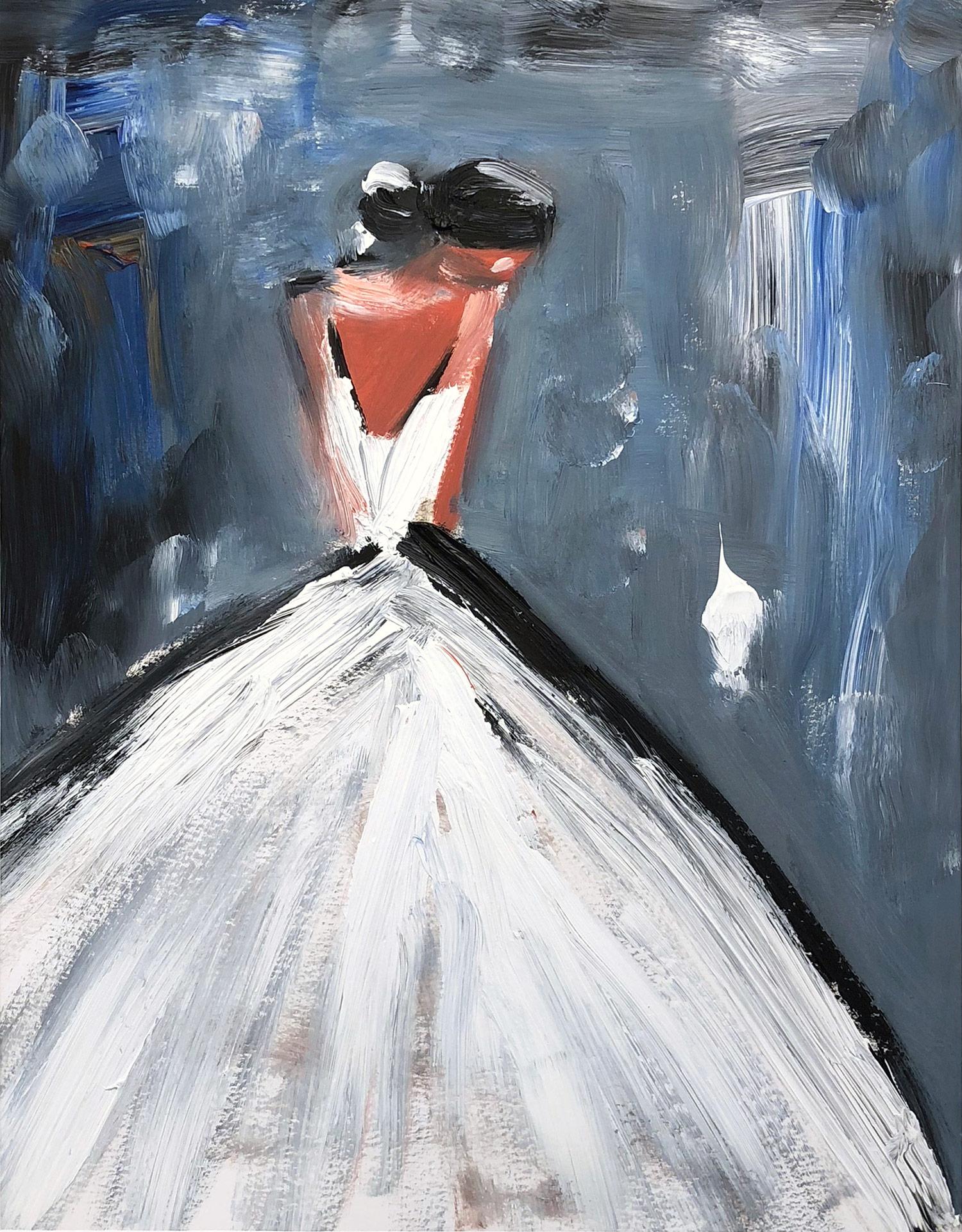 Cindy Shaoul Figurative Painting - "Olivia in Paris" Abstract Figure in Chanel Gown Haute Couture Painting on Paper