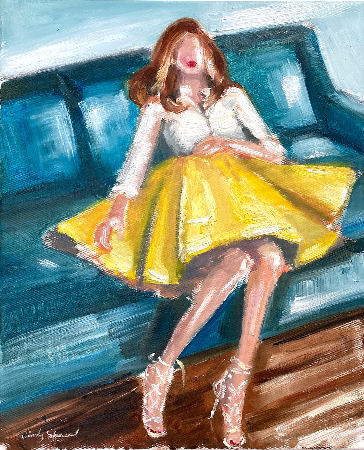 Cindy Shaoul Abstract Painting - "Olivia Palermo for Elle Mag" Figure in Yellow Skirt Oil Painting on Canvas