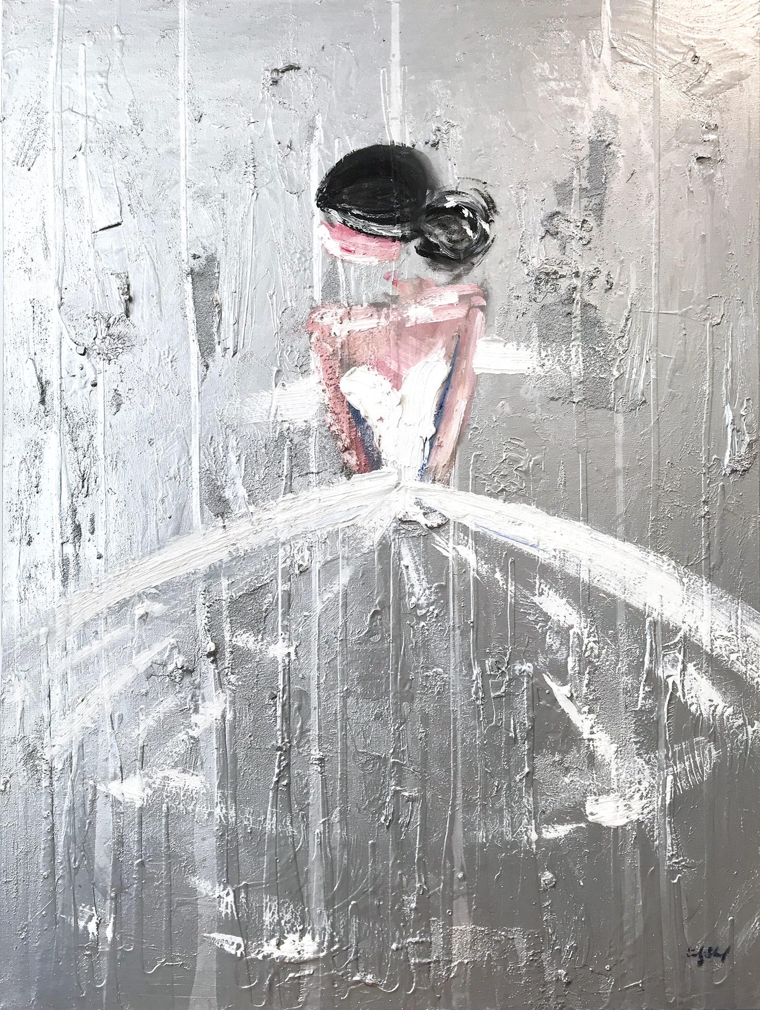 Cindy Shaoul Figurative Painting - "Olympia" Figure with Gown French Haute Couture Silver Oil Painting on Canvas