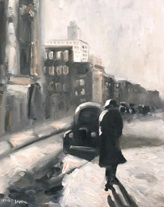 "On the Way to Work" Impressionist Winter Street Scene Oil Painting on Panel