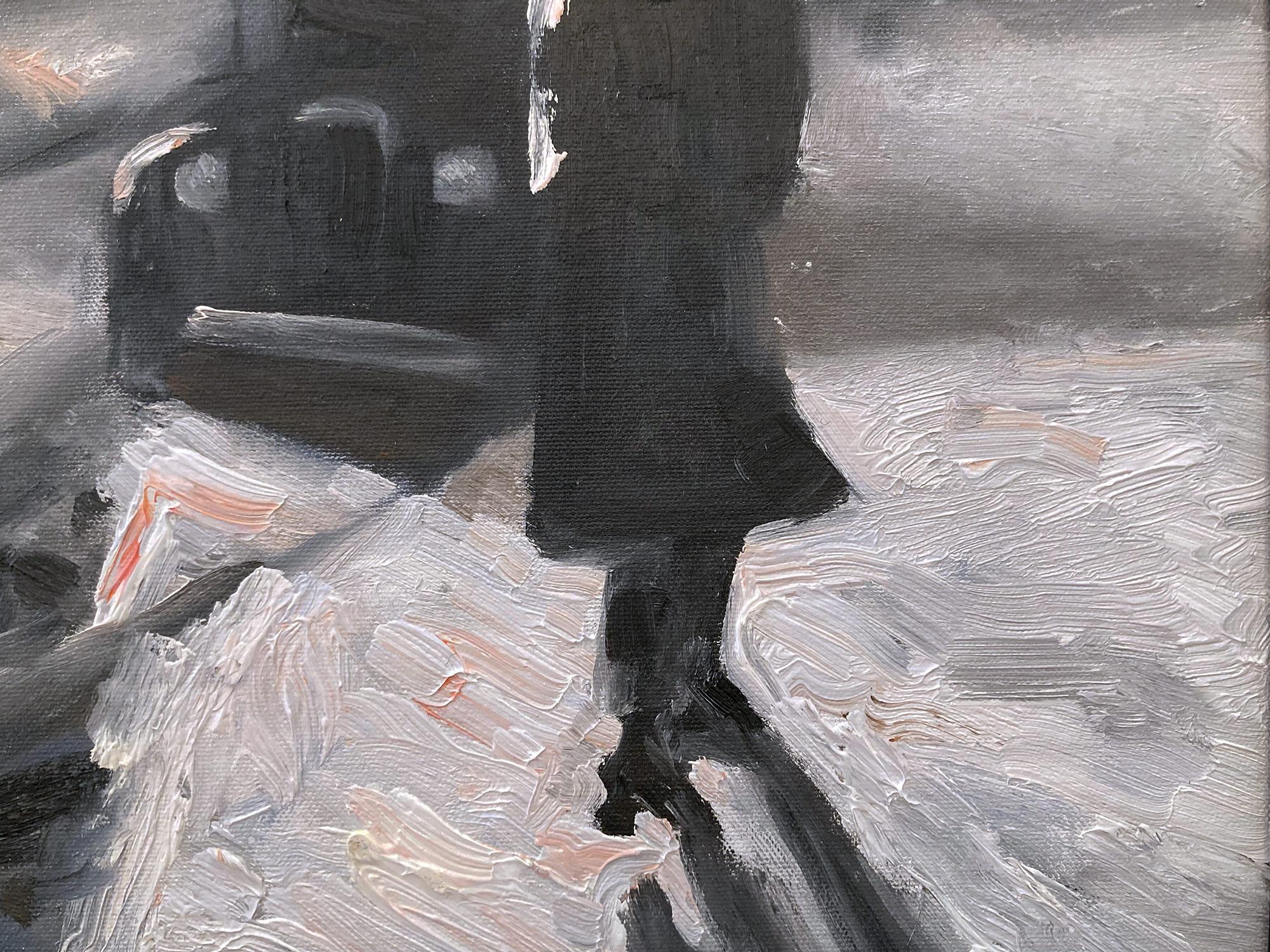 This painting depicts an impressionistic scene of New York City in the snow of a figure walking down a long sidewalk with wide casting shadows. Following the great artists from the Ashcan school of the 20th Century, this painting falls in line