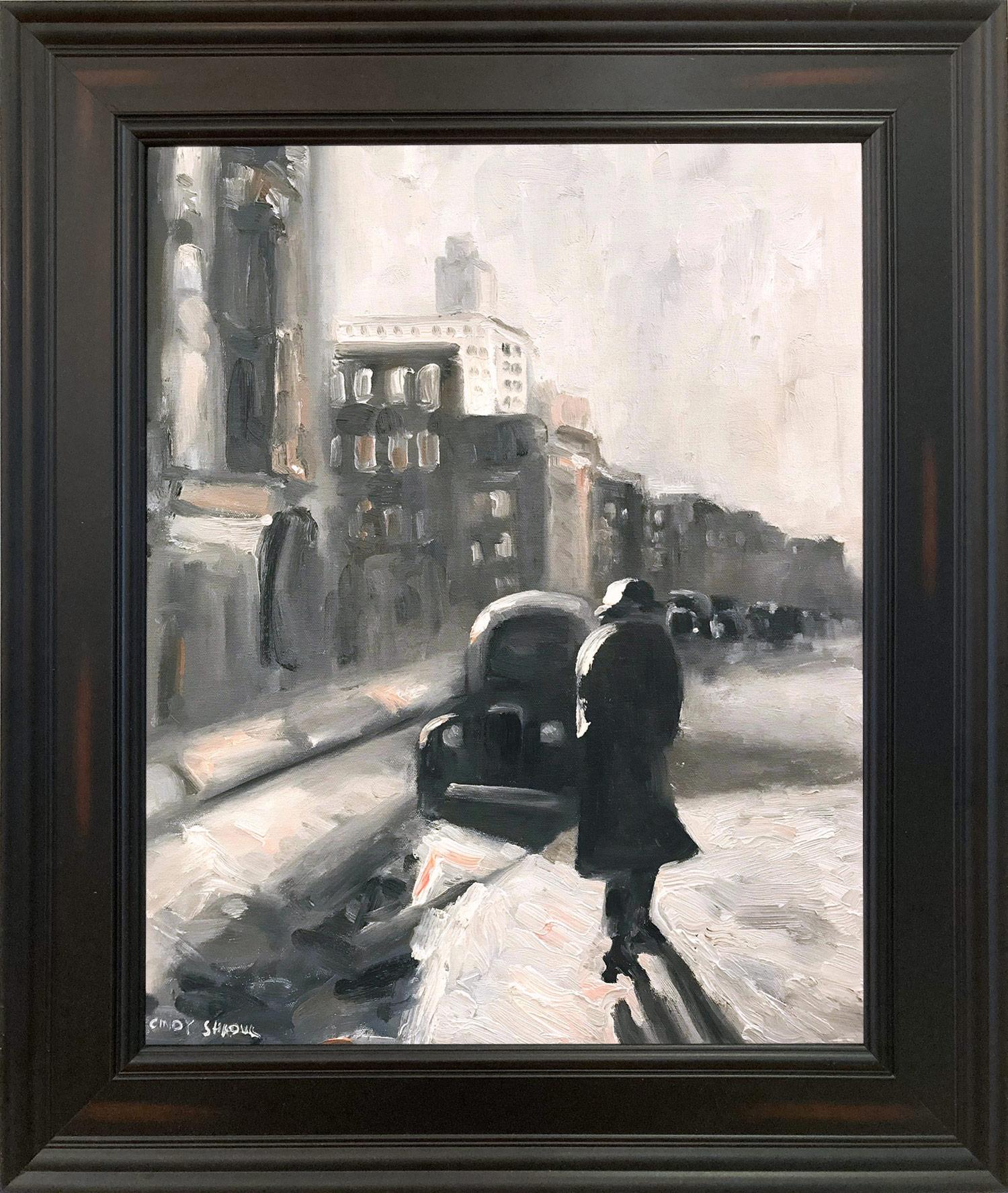 Peinture à l'huile sur panneau d'une scène de rue d'hiver impressionniste « On the Way to Work »