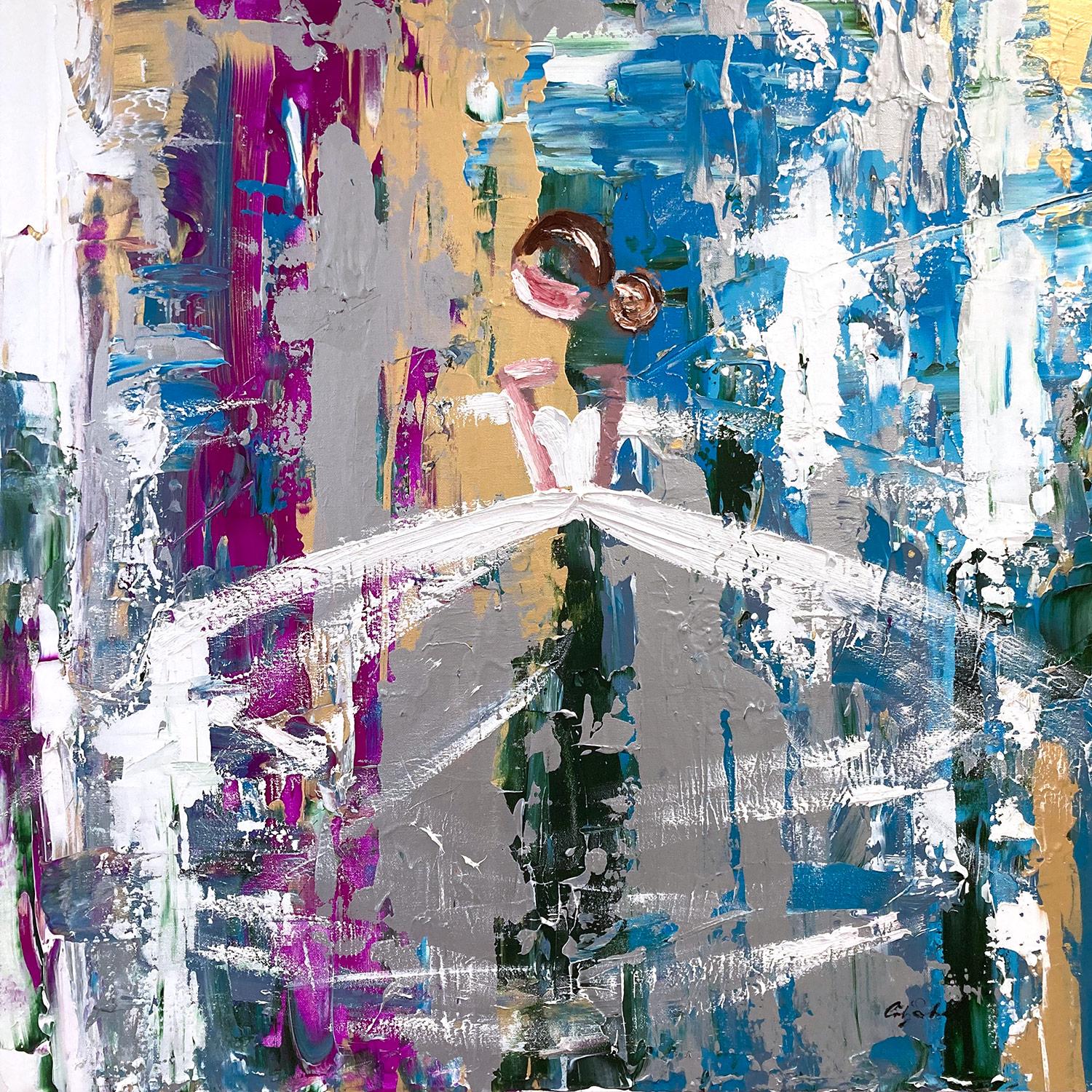 Abstract Painting di Cindy Shaoul - "Parigi di notte" Figura astratta Abito Chanel Haute Couture Pittura a olio su tela