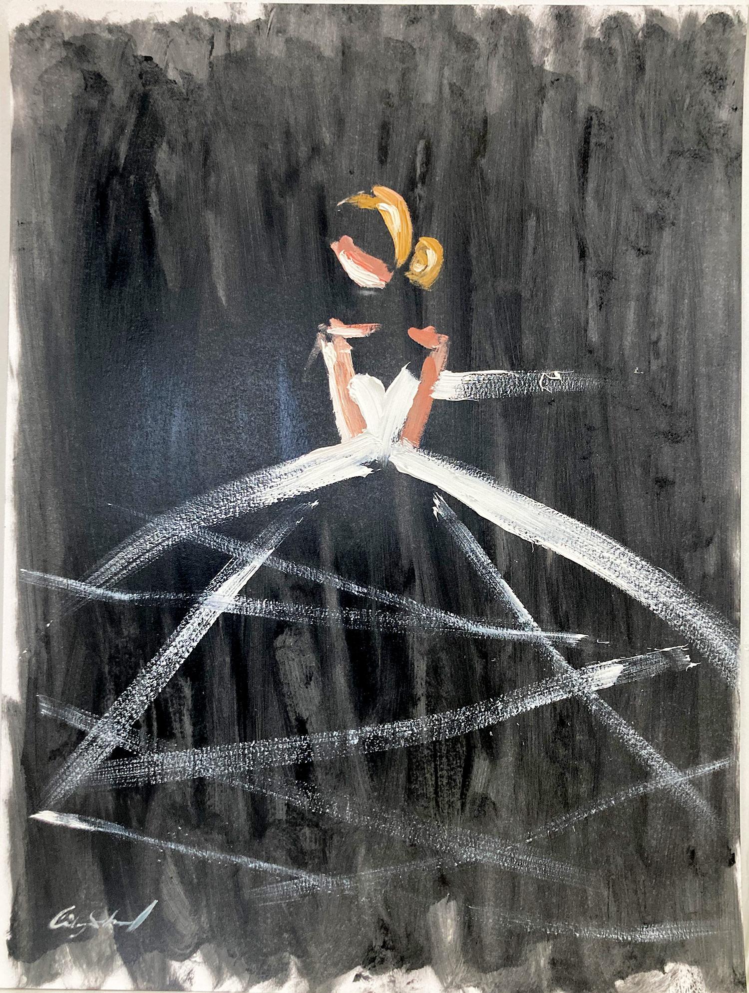Abstract Painting de Cindy Shaoul - "París de Noche" Figura Abstracta con Vestido de Alta Costura Pintura al Óleo sobre Papel