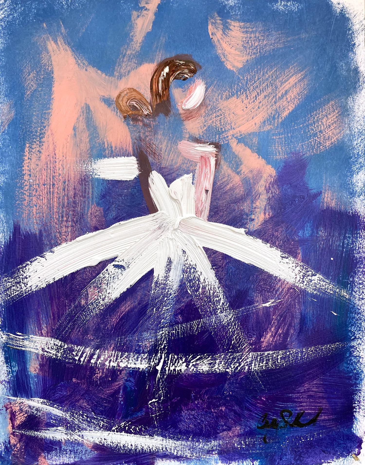 Figurative Painting de Cindy Shaoul - "Paris at Twilight" Colorful French Haute Couture Gown Oil Painting on Paper