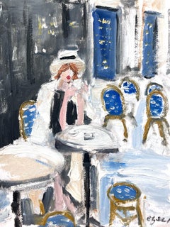 "Paris Cafe" Figure in Haute Couture with Coffee Fashion Oil Painting on Paper