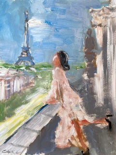 "Paris, I love You" Parisian Figure in Chanel Dress Oil Painting on Paper 