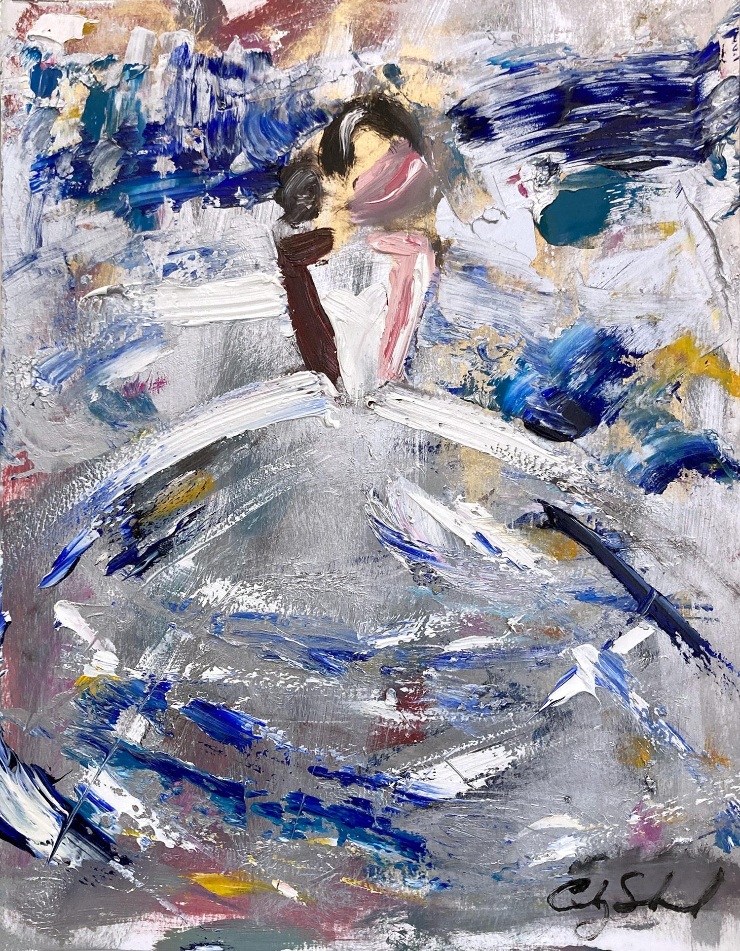Abstract Painting de Cindy Shaoul - "París en Givenchy" Vestido de Alta Costura Francesa Tonos Plateados Pintura al Óleo sobre Papel