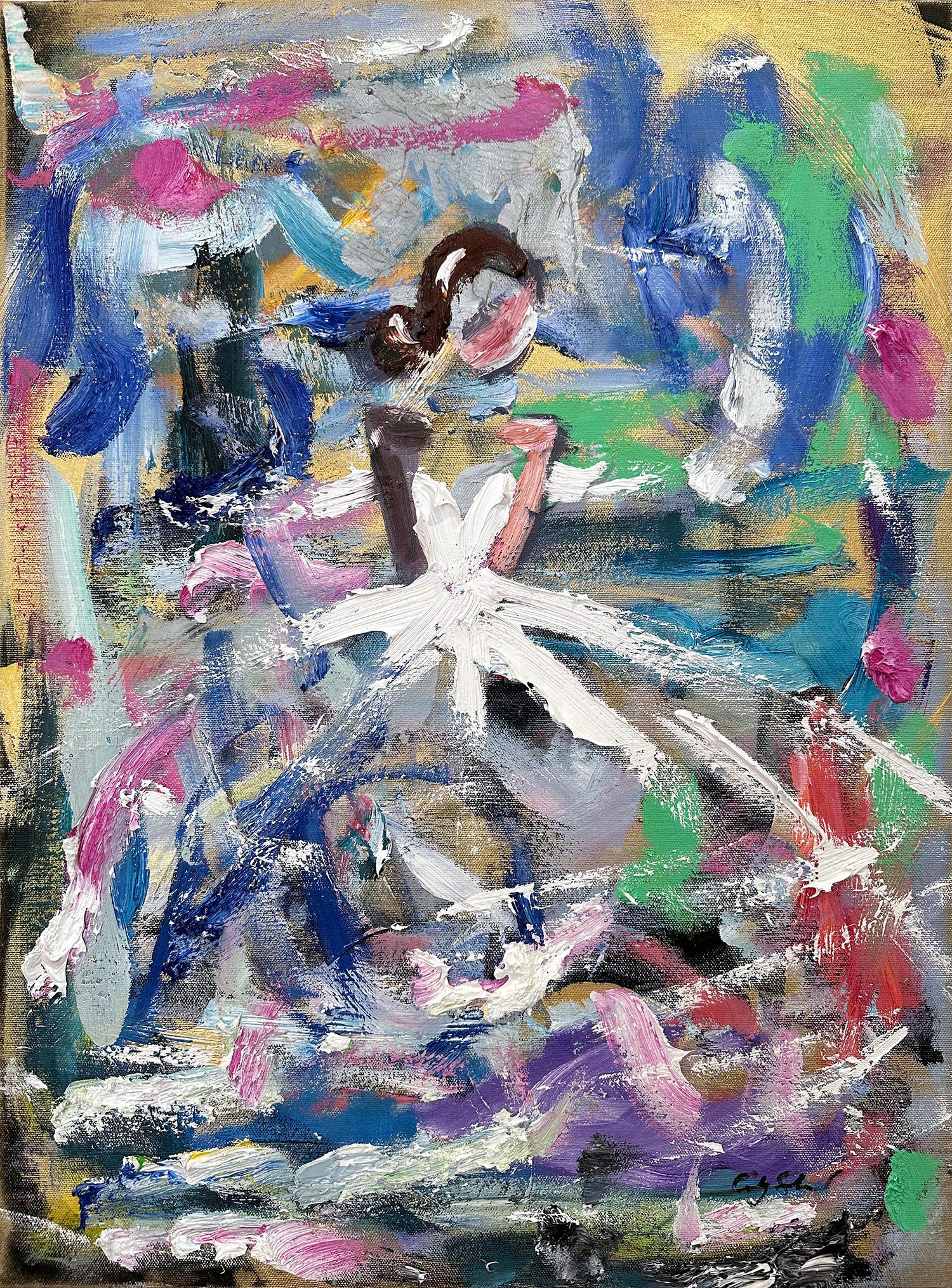 "Parigi è sempre una buona idea" Pittura ad olio astratta di figura con abito Haute Couture