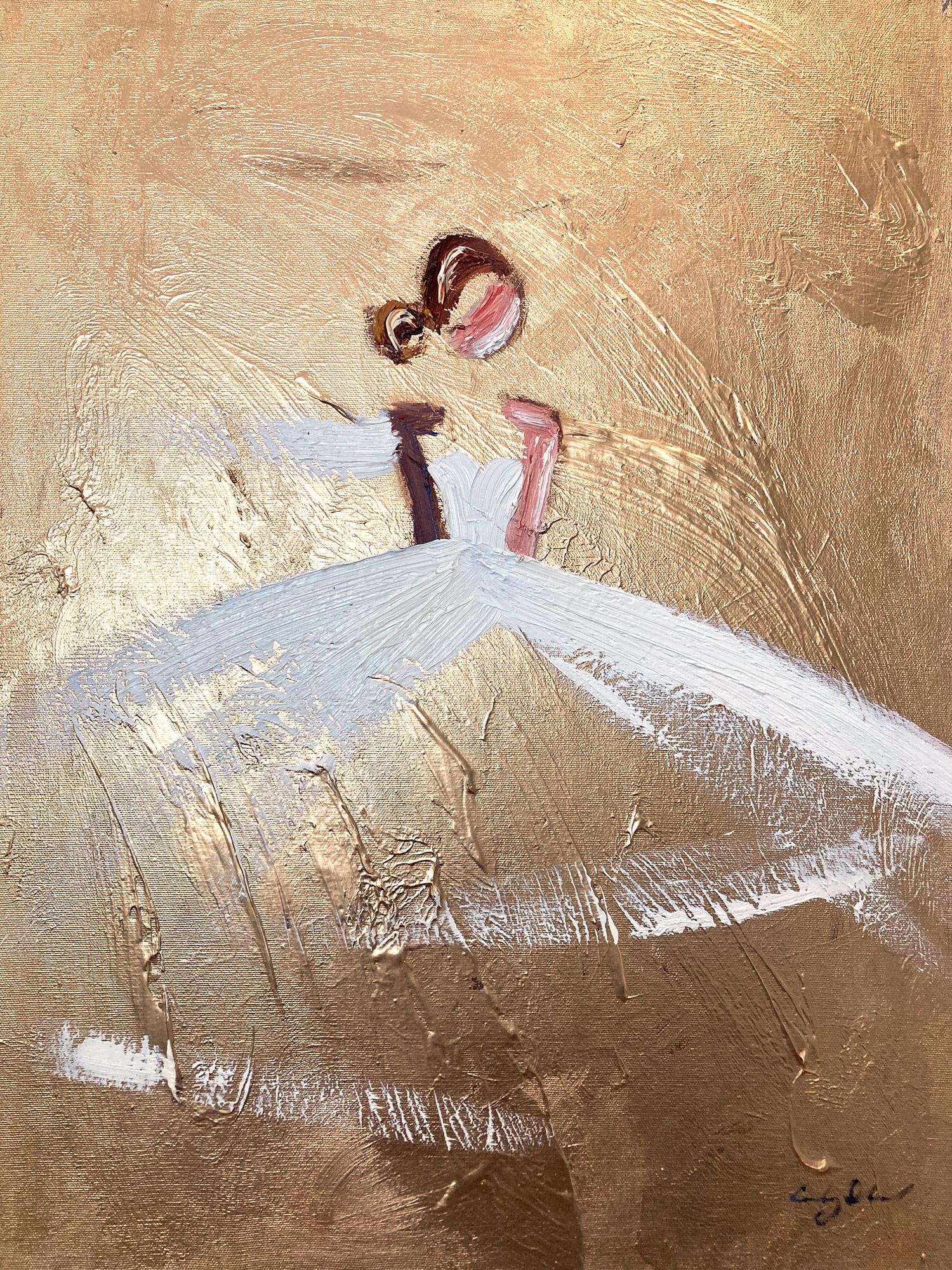"París siempre es una buena idea" Figura con vestido de Alta Costura Pintura al óleo dorada