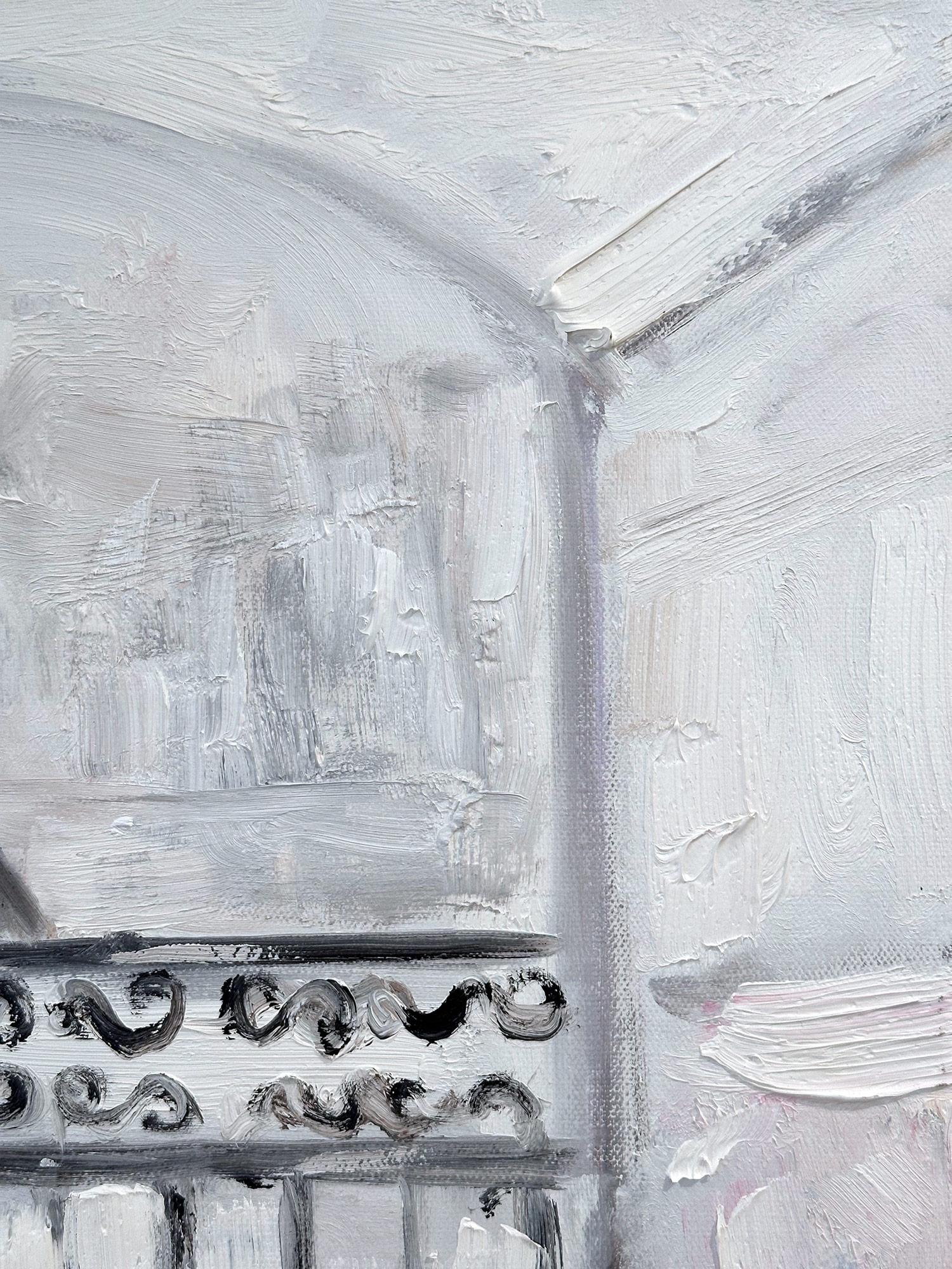 „Paris ist für Liebhaber“ Figur des Eiffelturms, Ölgemälde auf Leinwand, Paris (Grau), Figurative Painting, von Cindy Shaoul