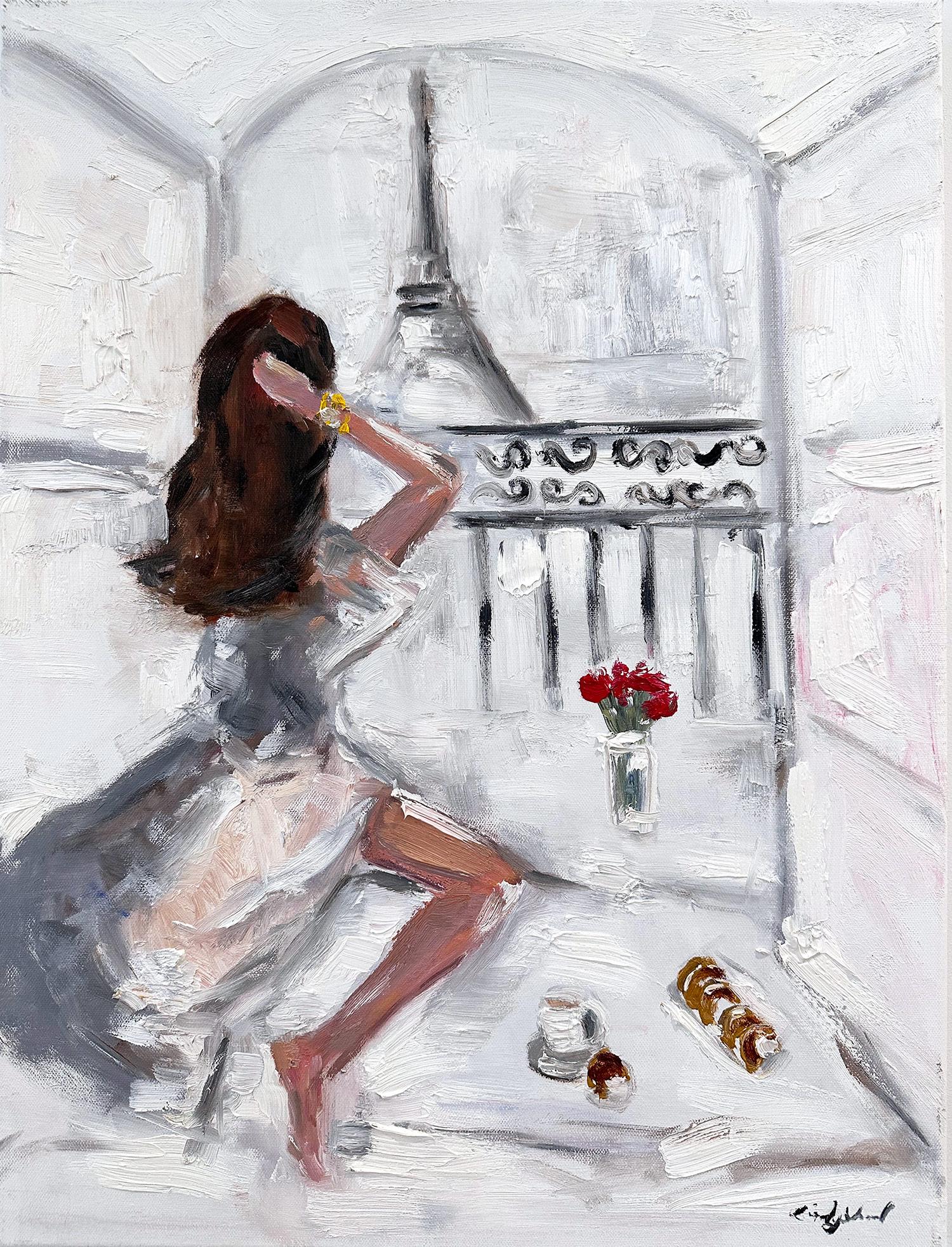 Cindy Shaoul Figurative Painting - "Paris is For Lovers" Figure in Paris by the Eiffel Tower Oil Painting on Canva 
