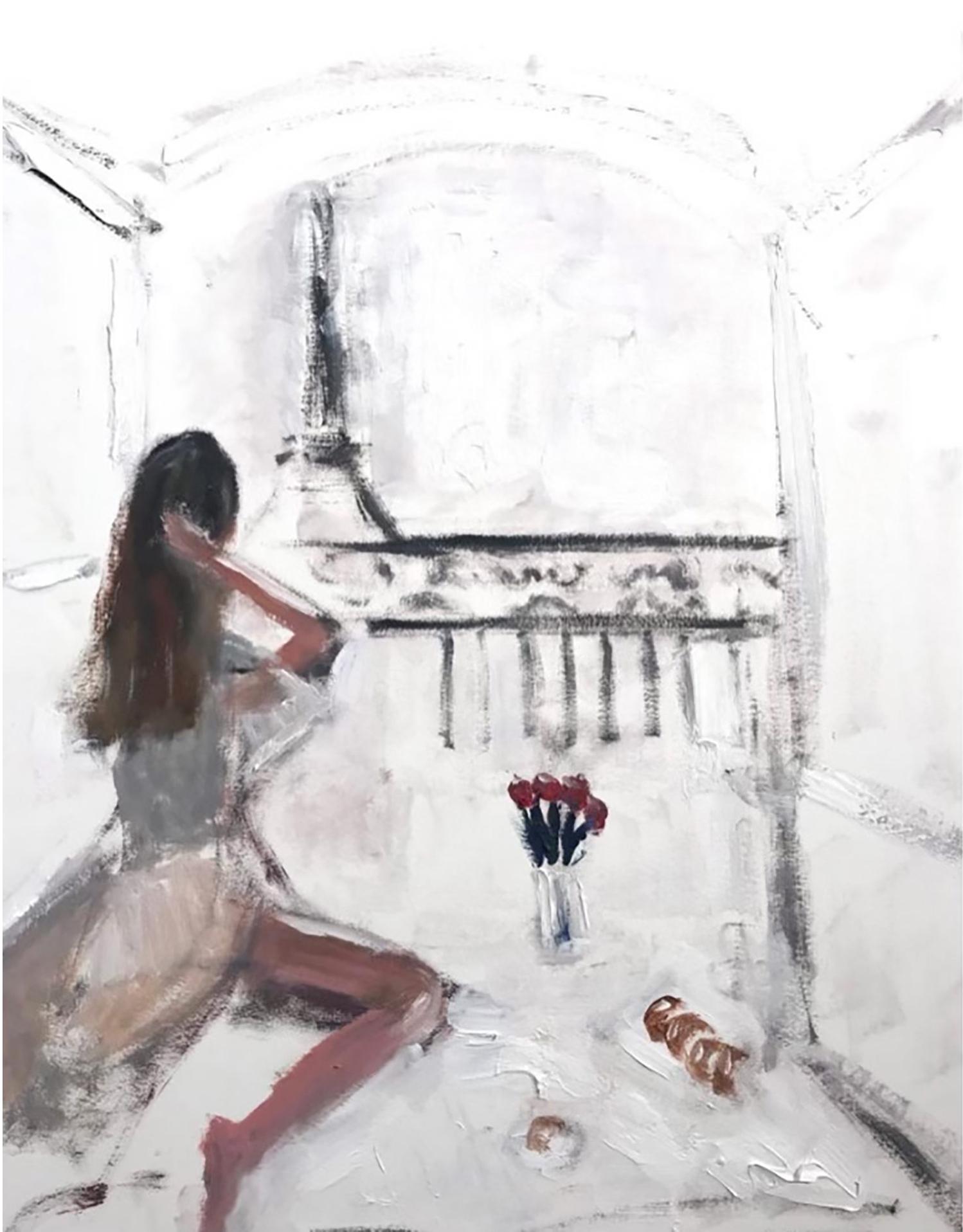 Cindy Shaoul Abstract Painting - "Paris is For Lovers" Figure in Paris by the Eiffel Tower Oil Painting on Paper 
