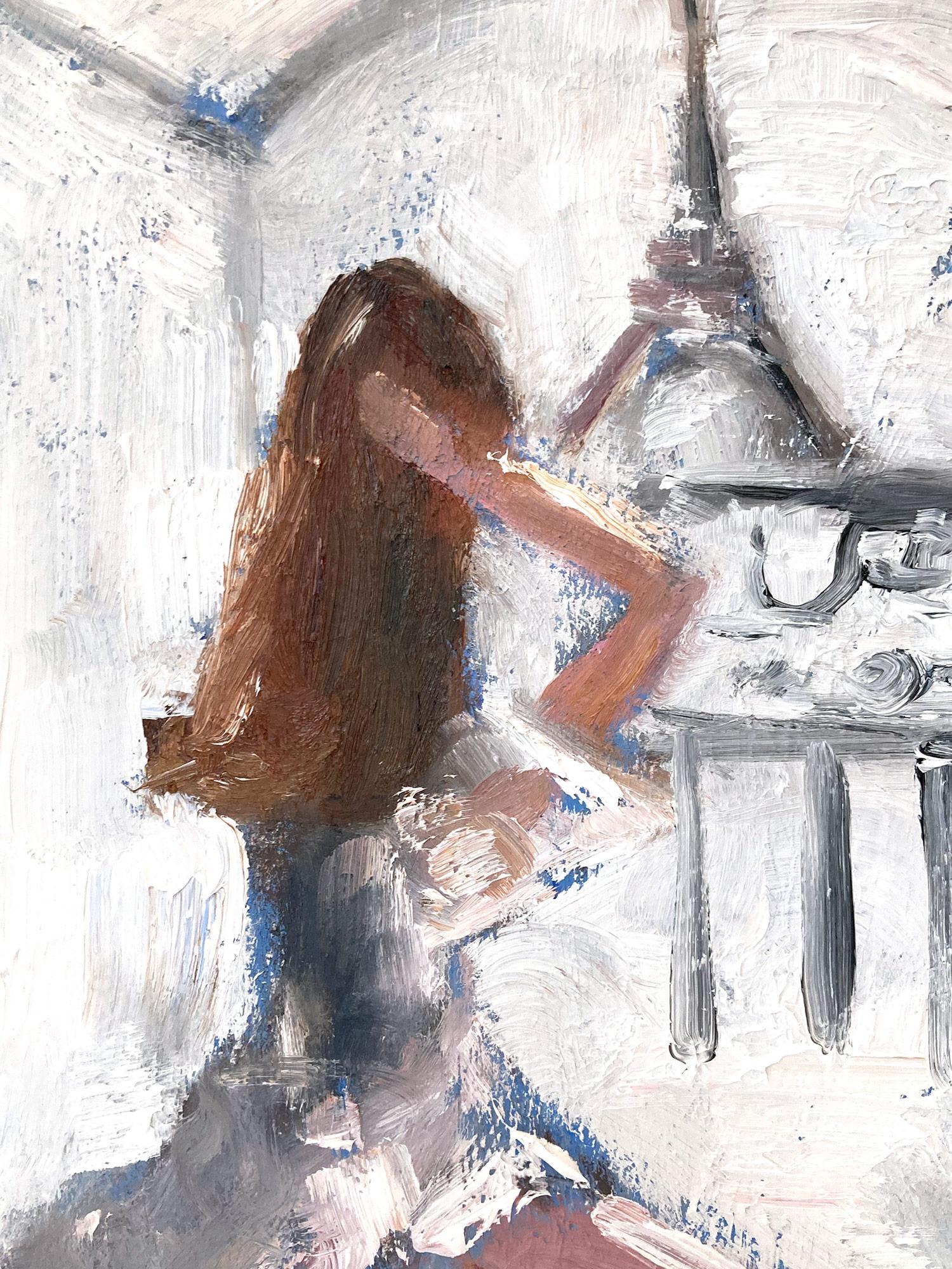 « Paris est pour les amoureux » - Figure avec café et croissants - Peinture à l'huile sur papier - Abstrait Painting par Cindy Shaoul