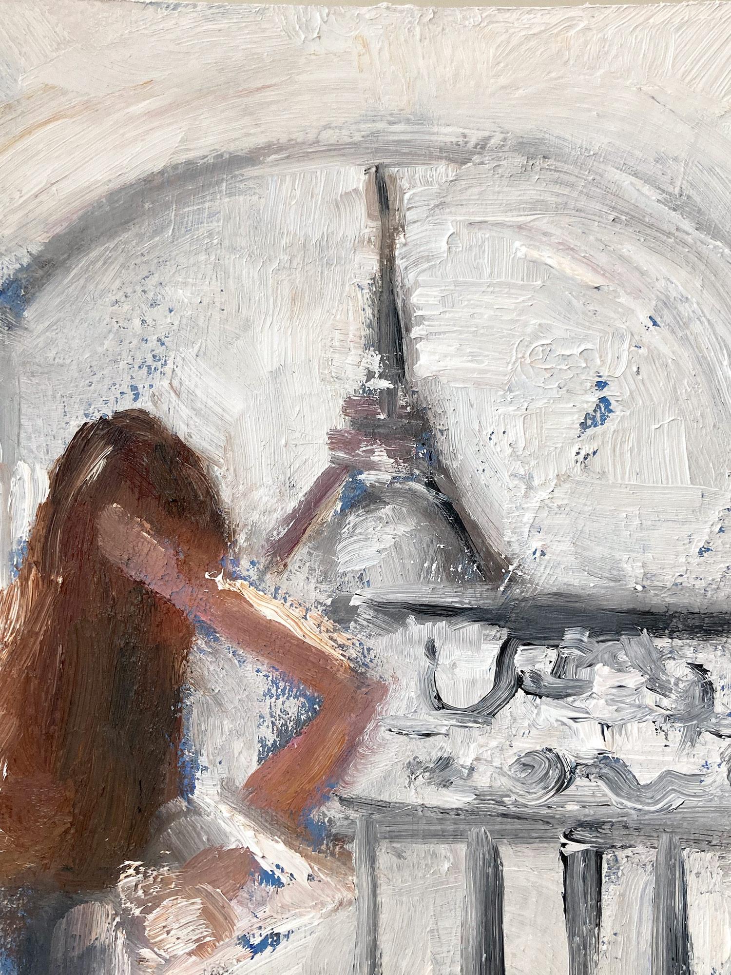 « Paris est pour les amoureux » - Figure avec café et croissants - Peinture à l'huile sur papier - Gris Figurative Painting par Cindy Shaoul