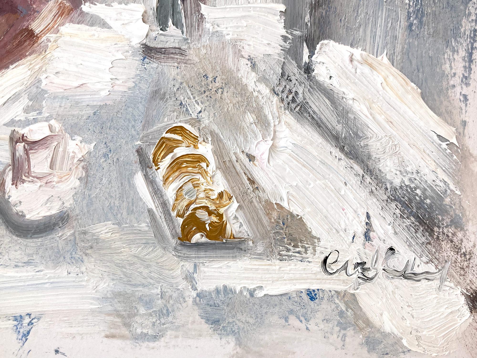 « Paris est pour les amoureux » - Figure avec café et croissants - Peinture à l'huile sur papier en vente 3