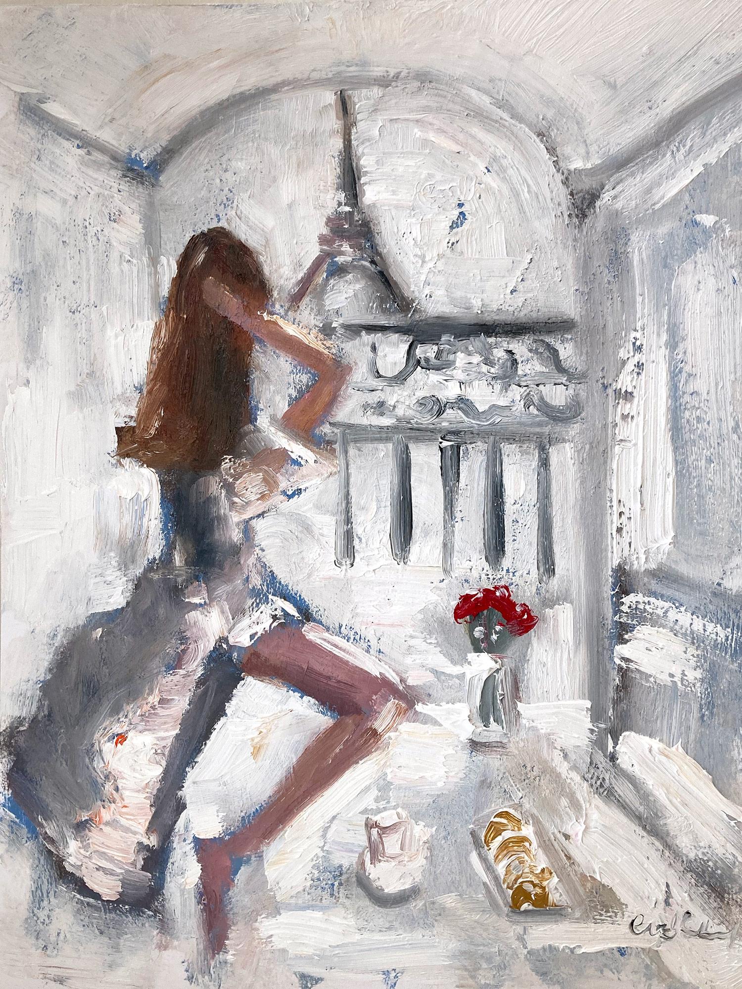 « Paris est pour les amoureux » - Figure avec café et croissants - Peinture à l'huile sur papier - Painting de Cindy Shaoul