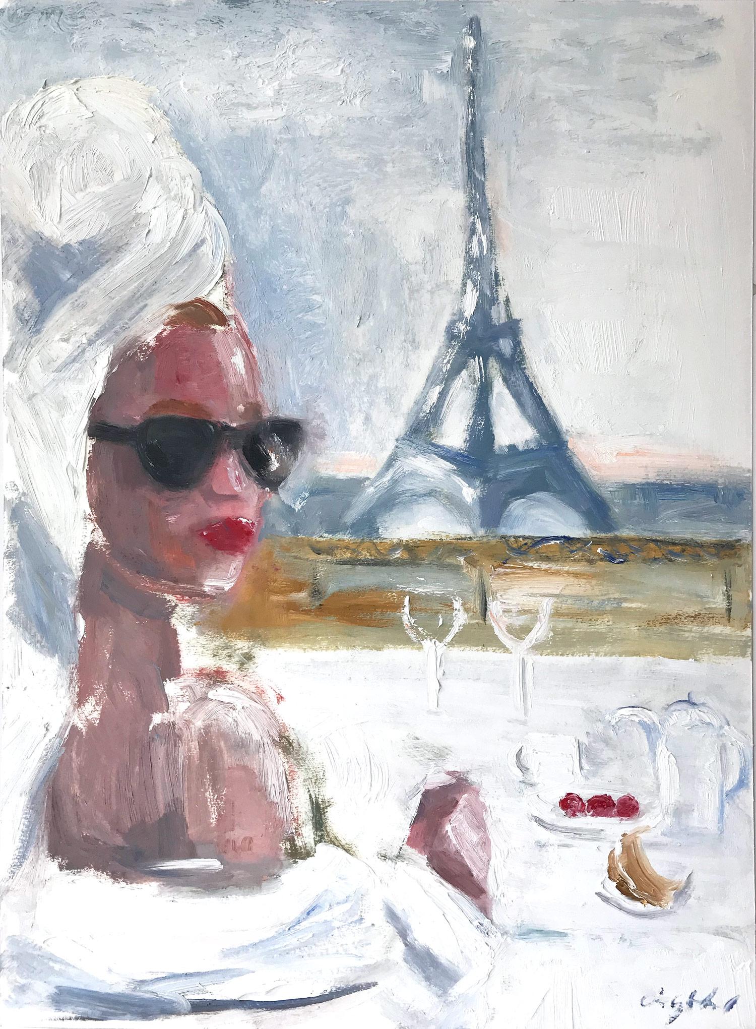 Cindy Shaoul Figurative Painting - "Paris is For Lovers" Oil Painting on Paper Breakfast by Eiffel Tower and Coffee