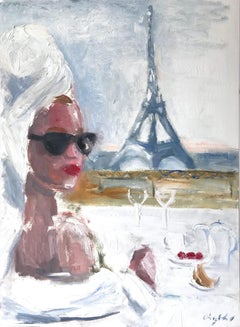 "Paris is For Lovers" Oil Painting on Paper Breakfast by Eiffel Tower and Coffee