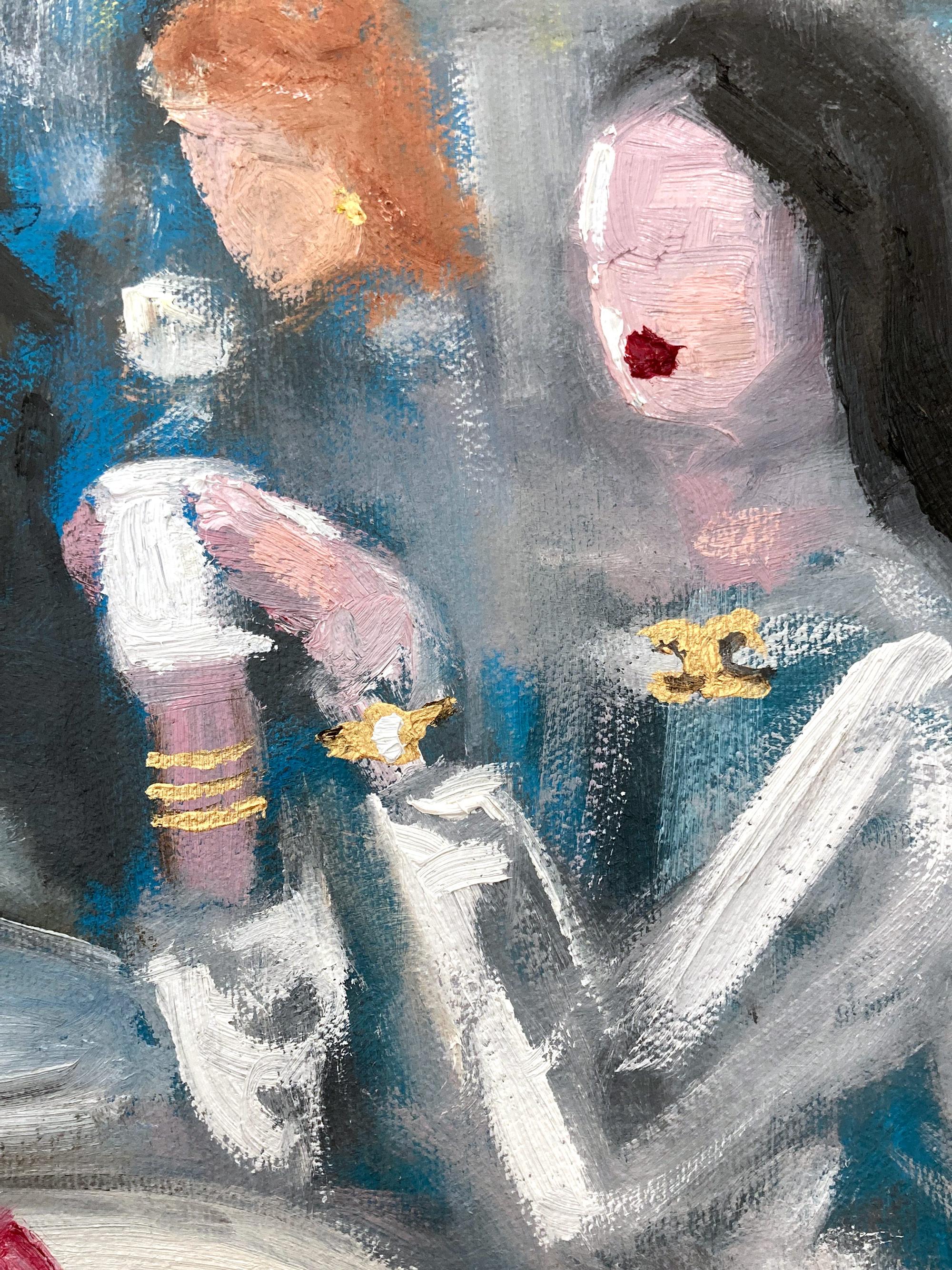 Dieses Gemälde zeigt eine impressionistische Café-Szene mit einer Frau in Chanel. Die dicken Pinselstriche und spielerischen Zeichen schaffen eine Atmosphäre, die an die Impressionisten des 20. Jahrhunderts erinnert. Sie saugt den Duft ihres Kaffees