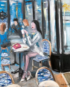 "París es mi primer amor" Pintura al óleo impresionista Mujer en un café con Chanel
