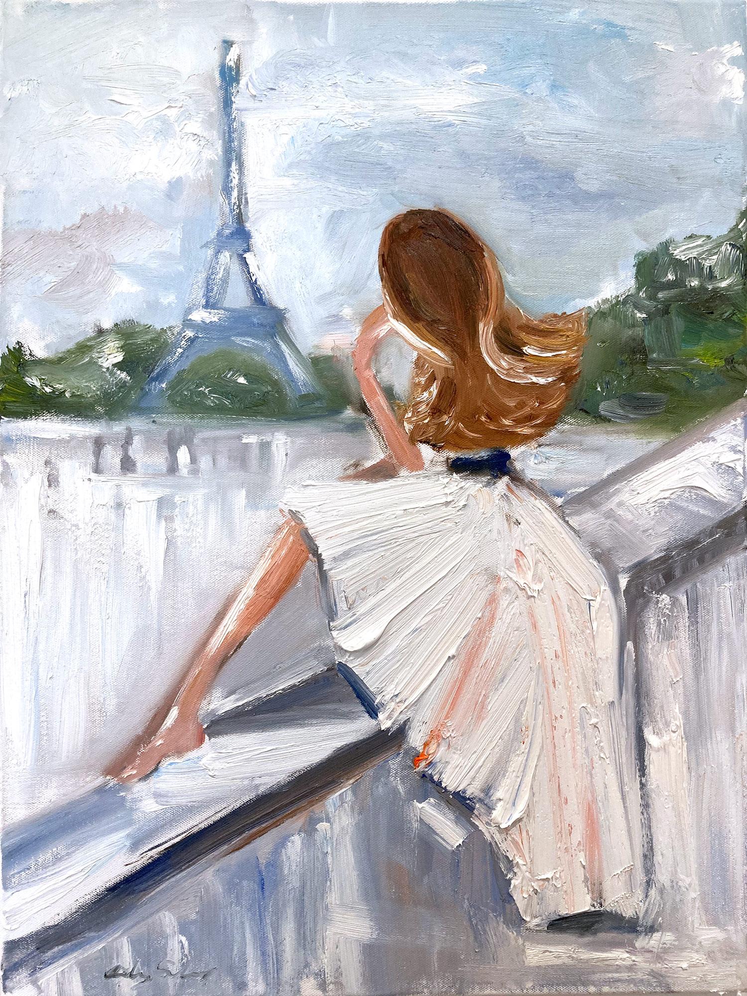 Cindy Shaoul Figurative Painting - "Paris Mood " Figure by the Eiffel Tower wearing Chanel Oil Painting on Canvas