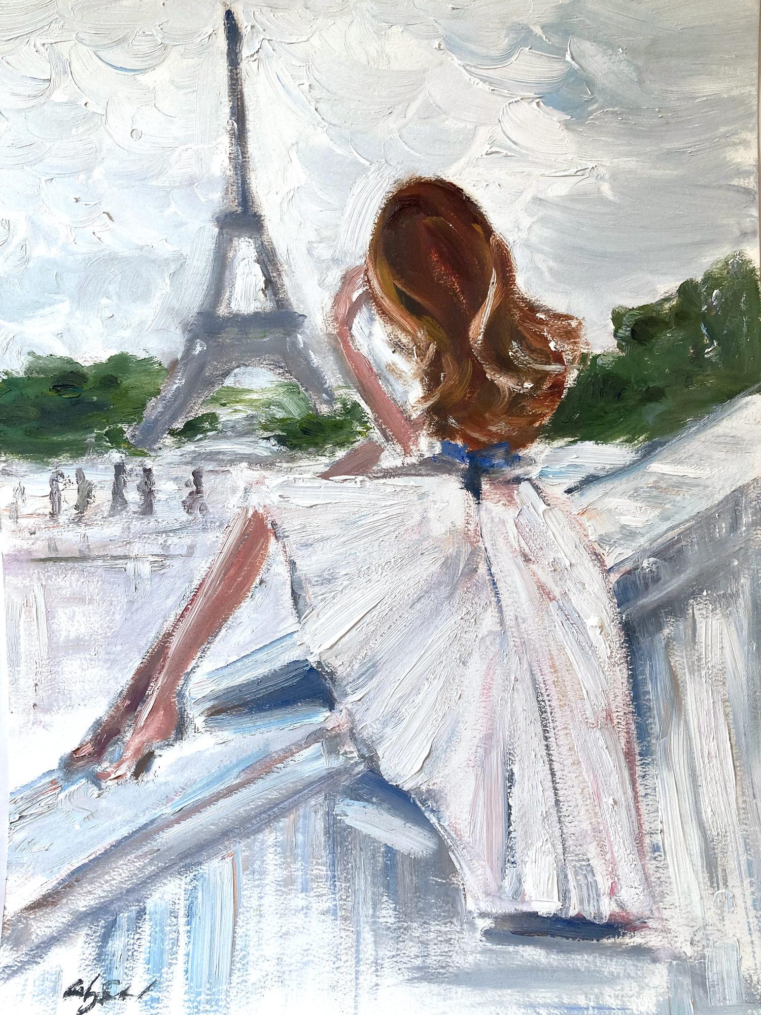 Cindy Shaoul Abstract Painting - "Paris Mood " Figure by the Eiffel Tower wearing Chanel Oil Painting on Paper