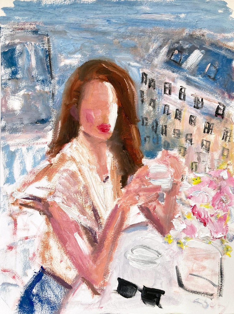 Cindy Shaoul Figurative Painting - "Paris Mornings " Figure Having Coffee wearing Chanel Oil Painting on Paper