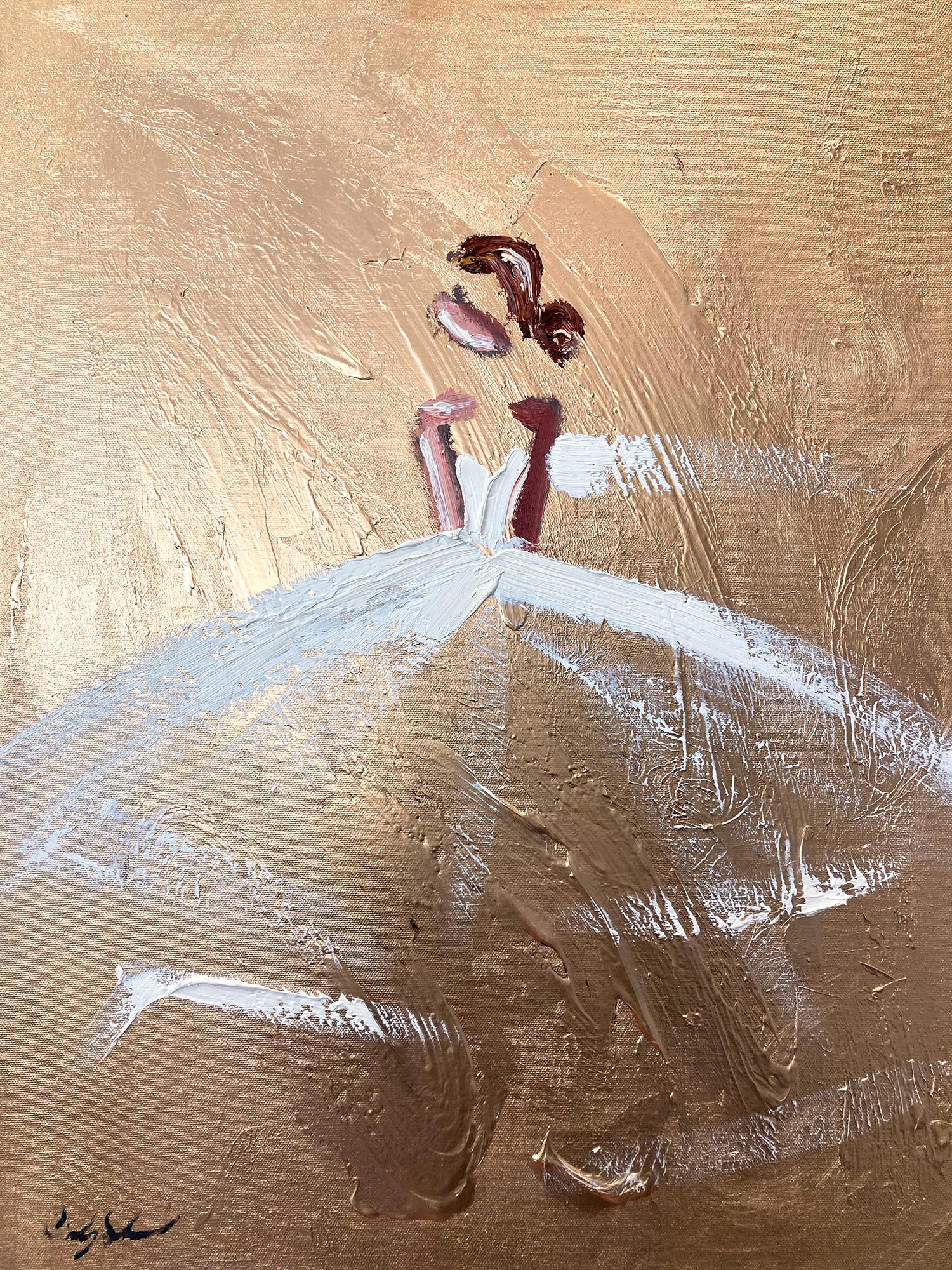 Cindy Shaoul Abstract Painting - "Paris on My Mind" Gold Abstract Figure in Haute Couture Oil Painting on Canvas