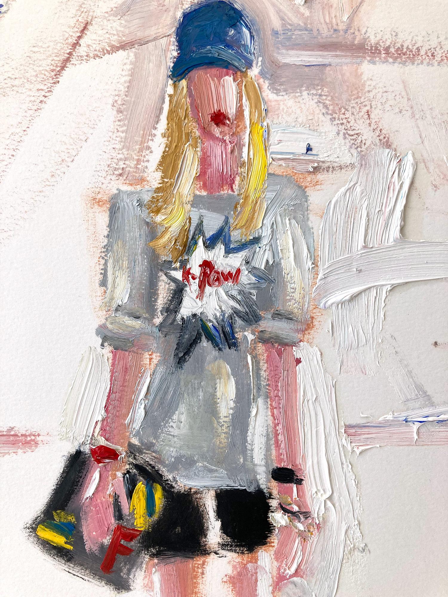 „Paris Pow“ Chiara Ferragni, Eiffelturm in Chanel, Ölgemälde auf Papier – Painting von Cindy Shaoul