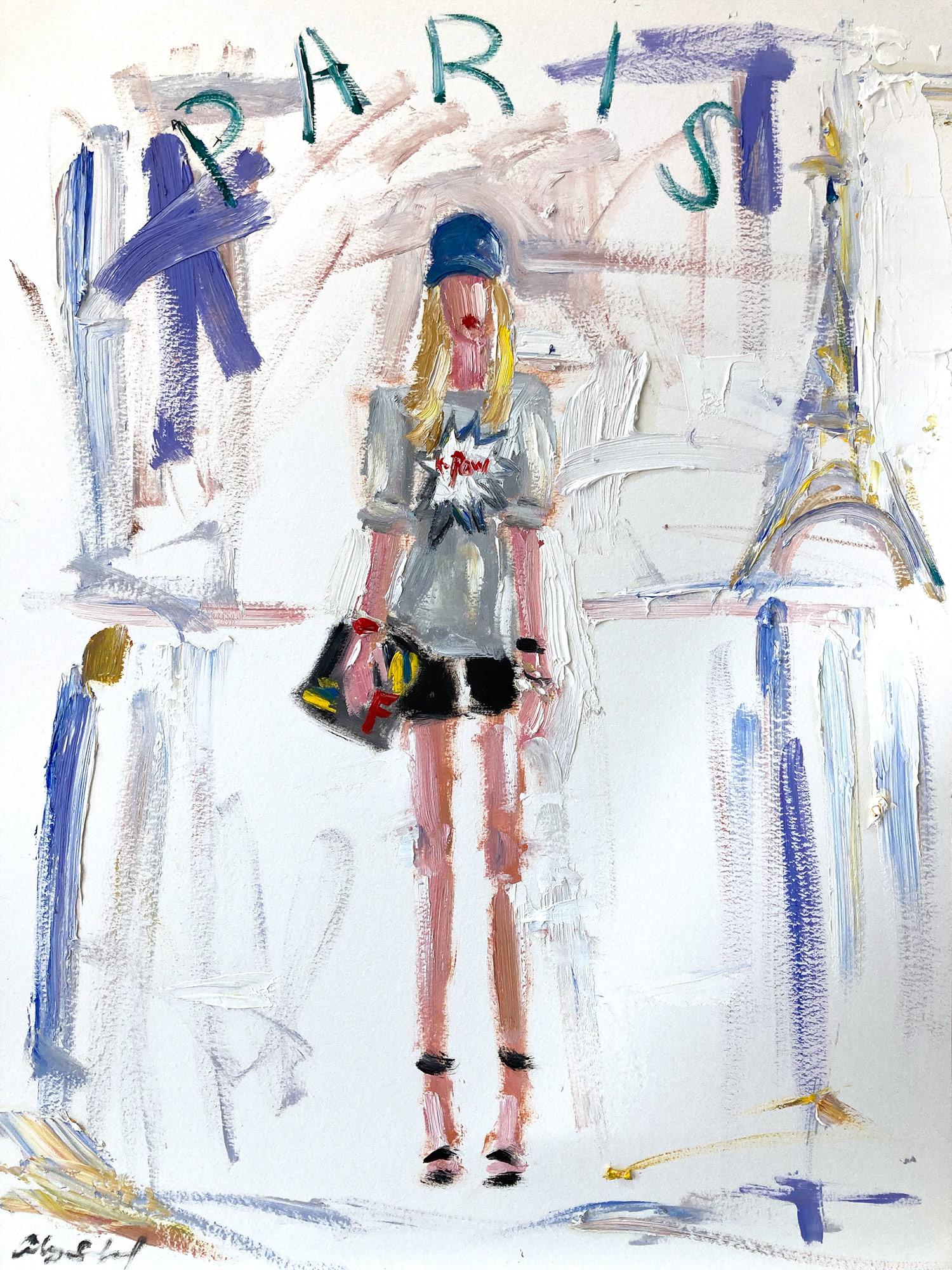 Figurative Painting de Cindy Shaoul - "Polvo de París" Chiara Ferragni junto a la Torre Eiffel de Chanel Pintura al óleo sobre papel