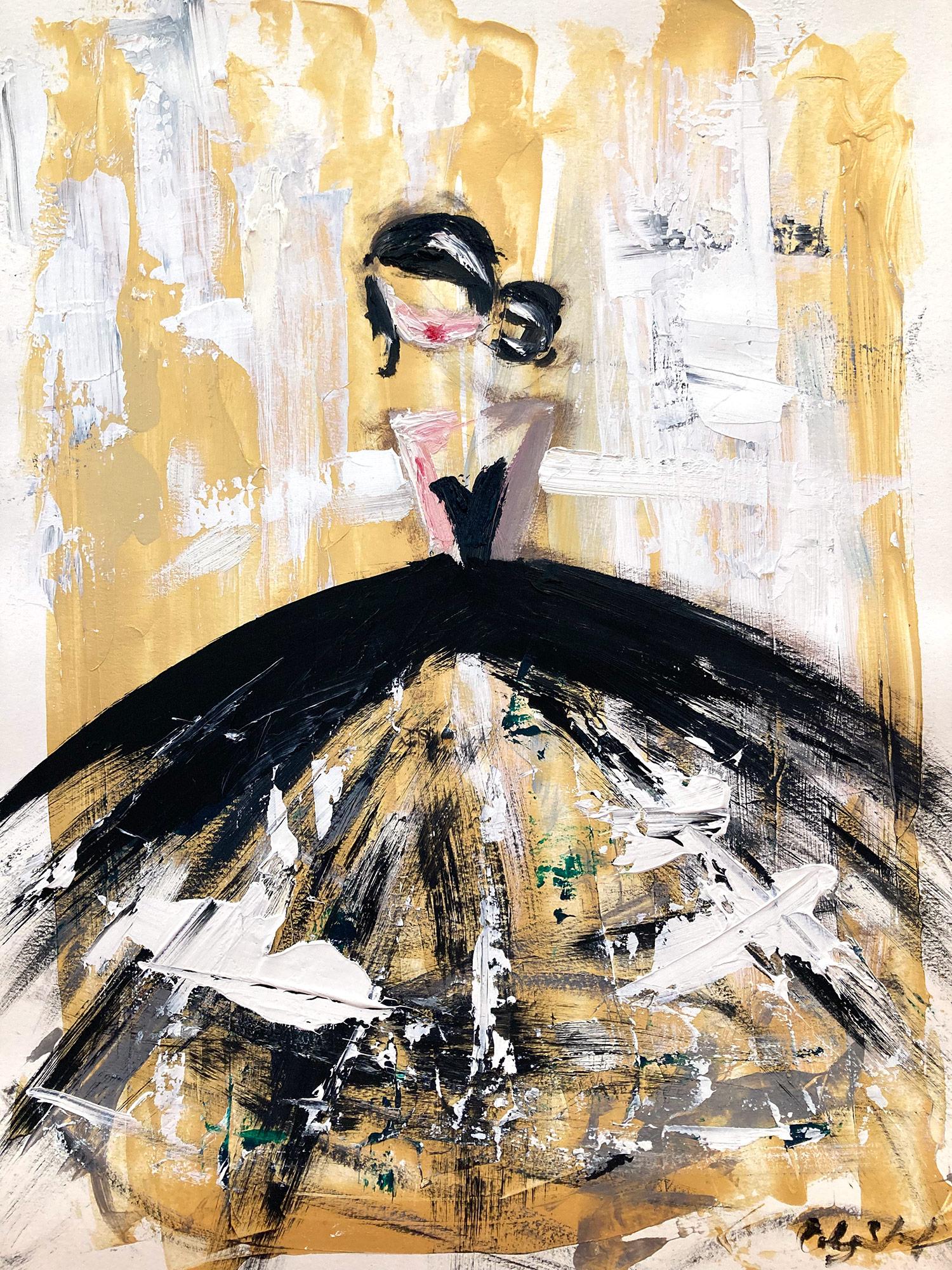 "Parisian Gold" Figure abstraite avec robe haute couture peinture à l'huile sur papier