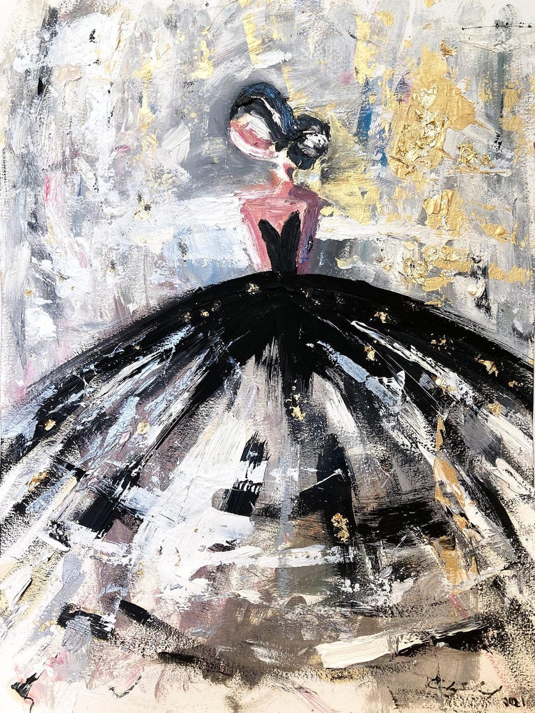 Cindy Shaoul Abstract Painting - "Parisian Golden Hour" Abstract Figure Gown Haute Couture Oil Painting Paper