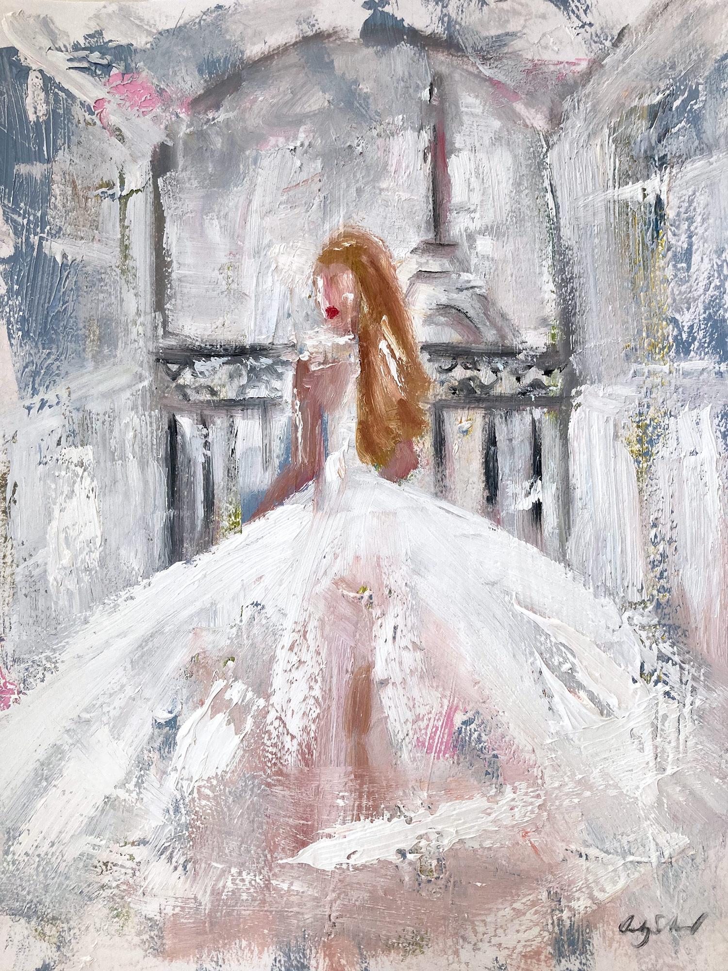 Cindy Shaoul Abstract Painting - "Parisian Mornings" Figure in Chanel Haute Couture Gown Oil on Paper Painting